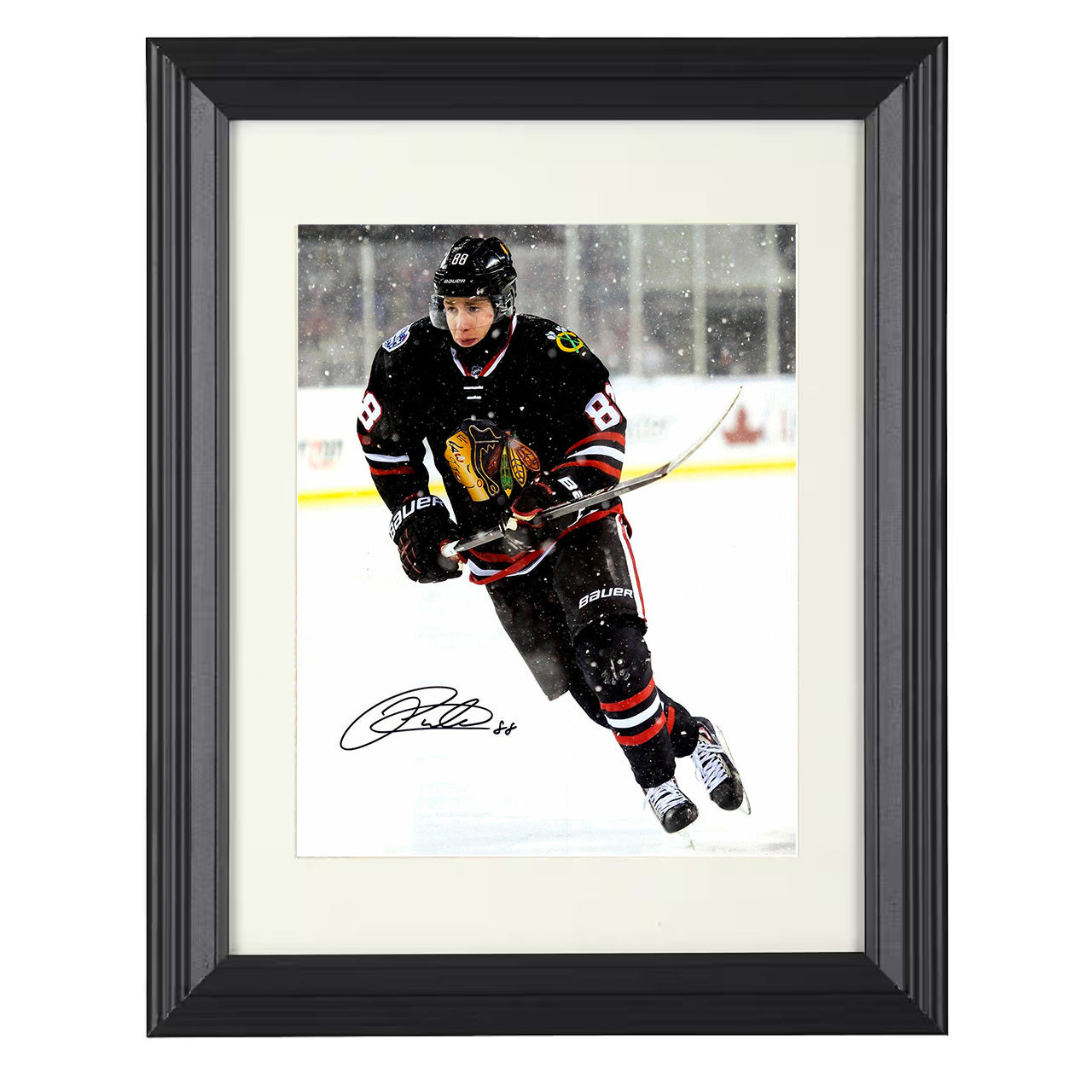 Patrick Kane – Chicago Winter Classic Snow Game Spotlight 8x10 matted black framed hockey wall art