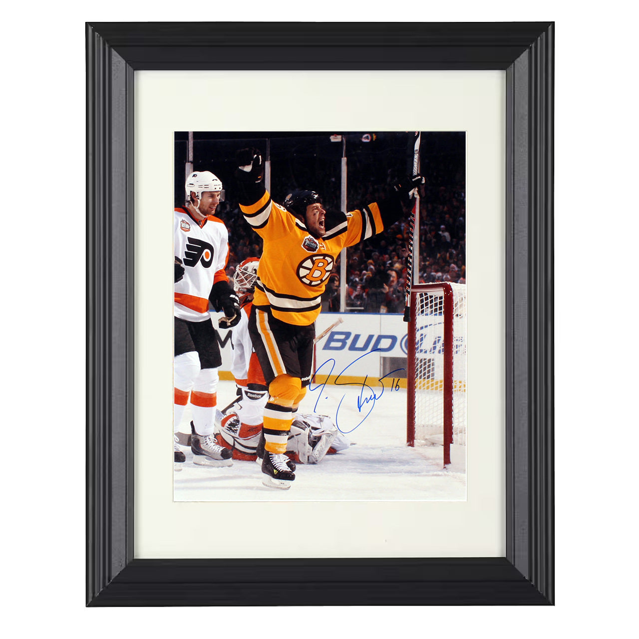 Marco Sturm – Boston Goal Celebration 8x10 matted black framed hockey wall art