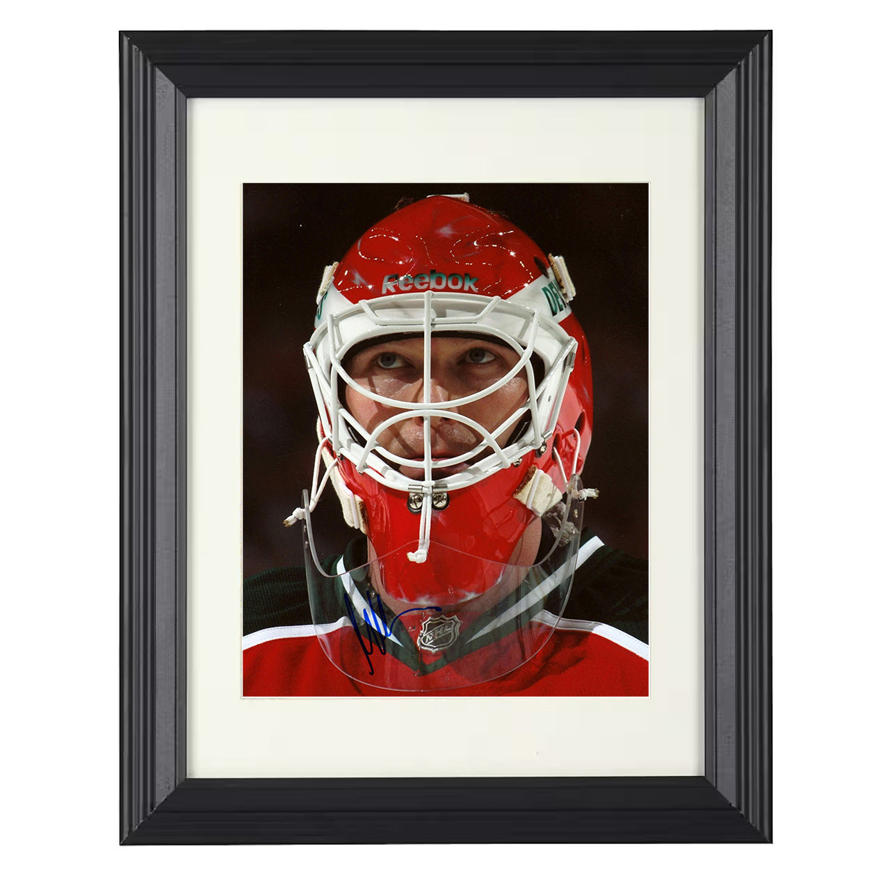 Martin Brodeur – New Jersey Goalie Helmet Close-Up 8x10 matted black framed hockey wall art