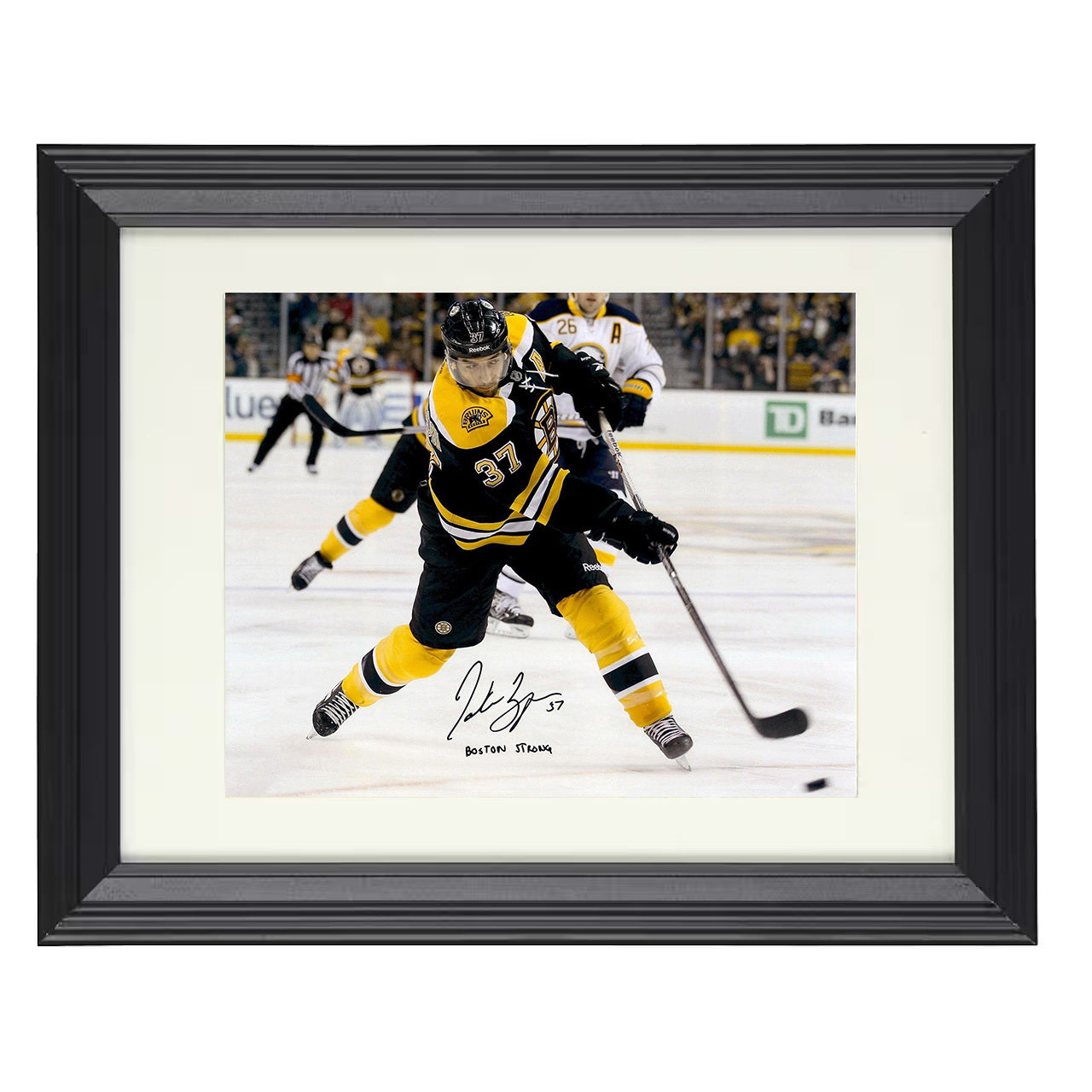 Patrice Bergeron – Boston Slapshot Action 8x10 matted black framed hockey wall art