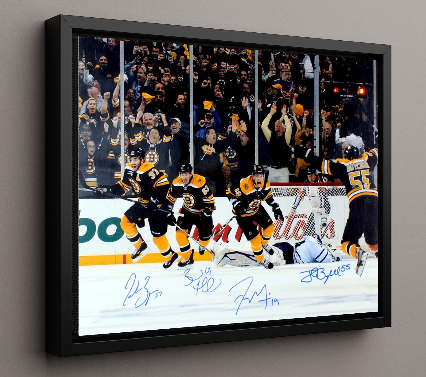 Patrice Bergeron Brad Marchand Tyler Seguin and Johnny Boychuk - Boston Hockey Comeback Celebration Hockey Wall Art - hockey wall art print