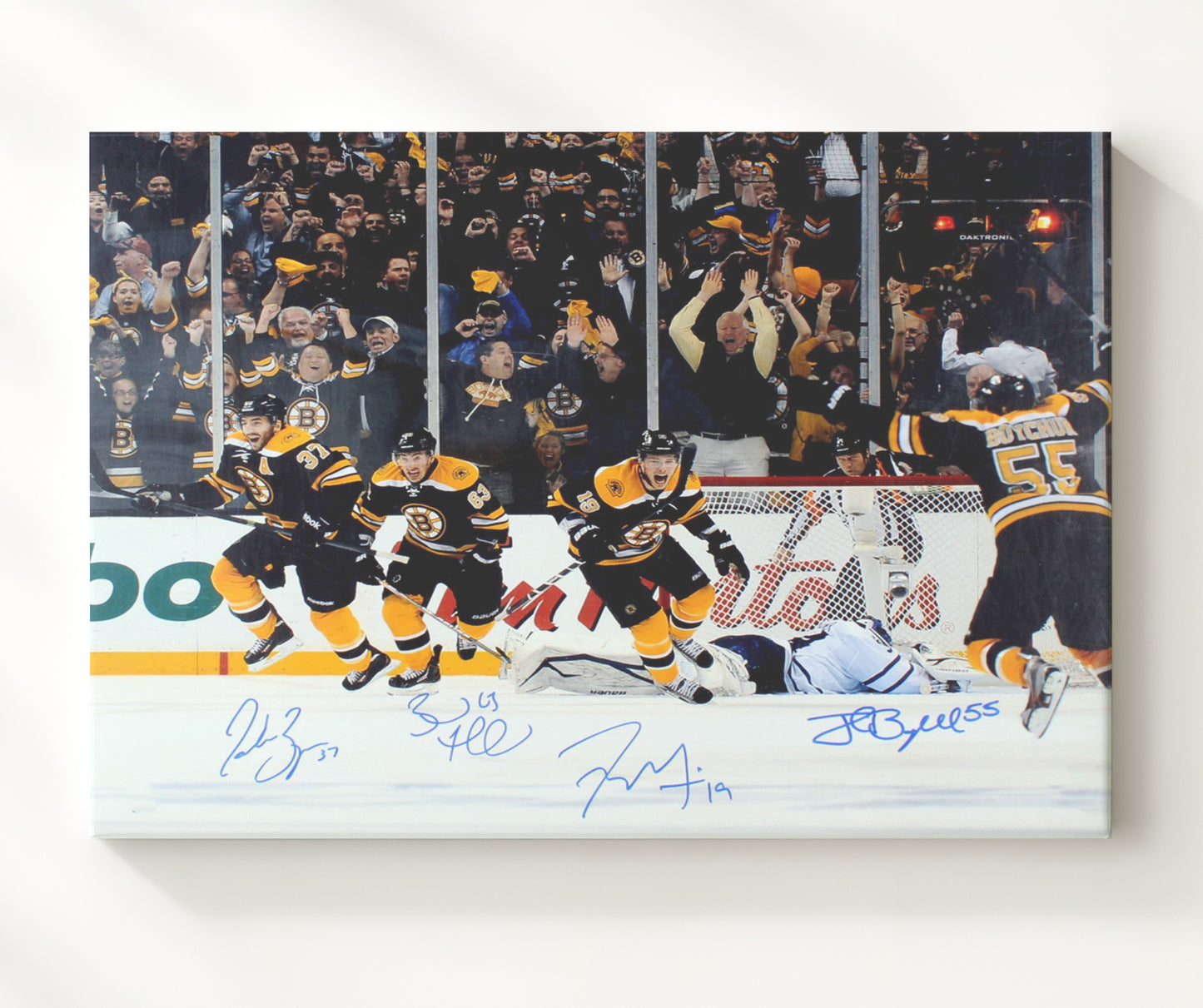 Patrice Bergeron Brad Marchand Tyler Seguin and Johnny Boychuk - Boston Hockey Comeback Celebration Hockey Wall Art - hockey wall art print