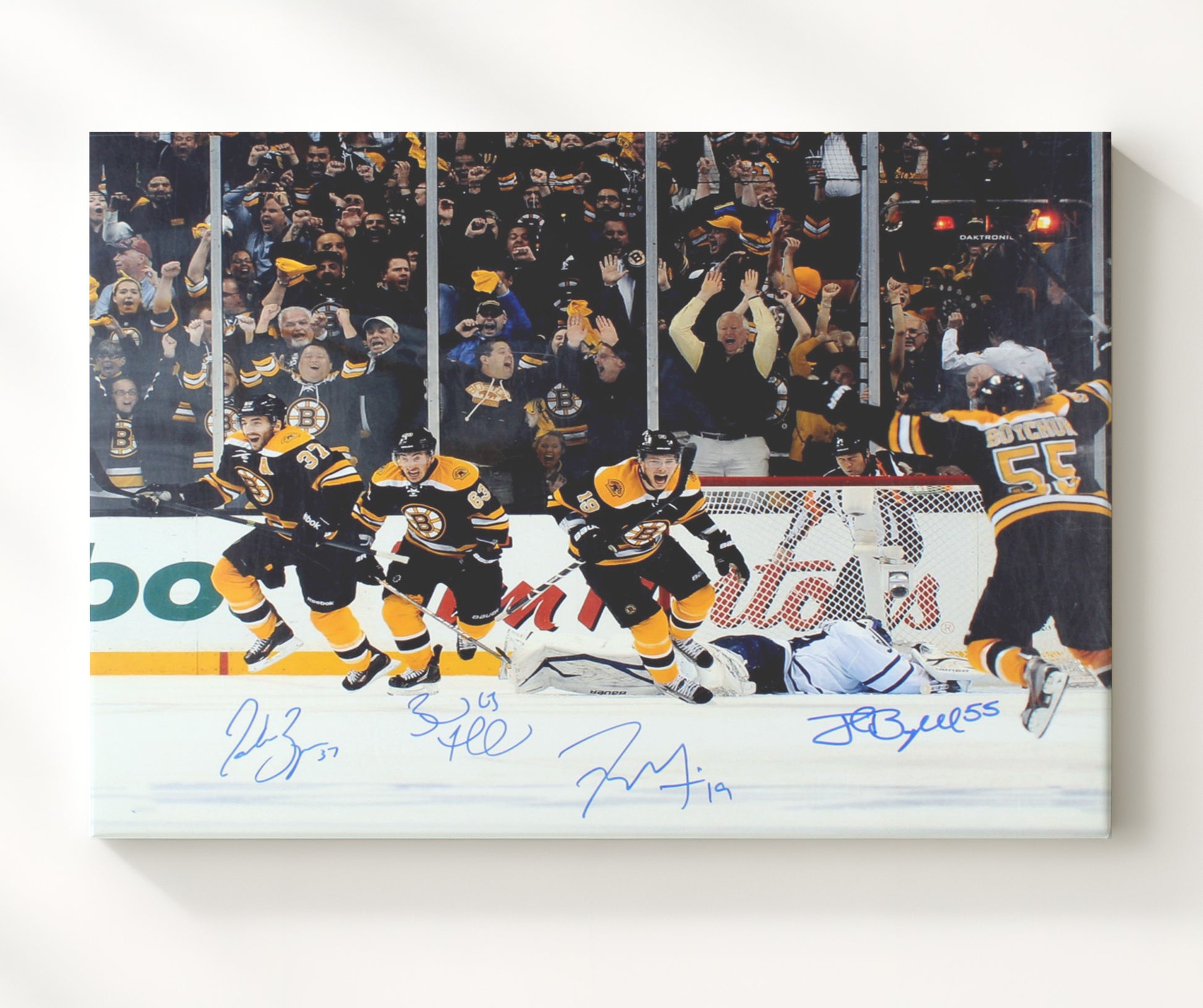 Patrice Bergeron Brad Marchand Tyler Seguin and Johnny Boychuk - Boston Hockey Comeback Celebration Hockey Wall Art - hockey wall art print