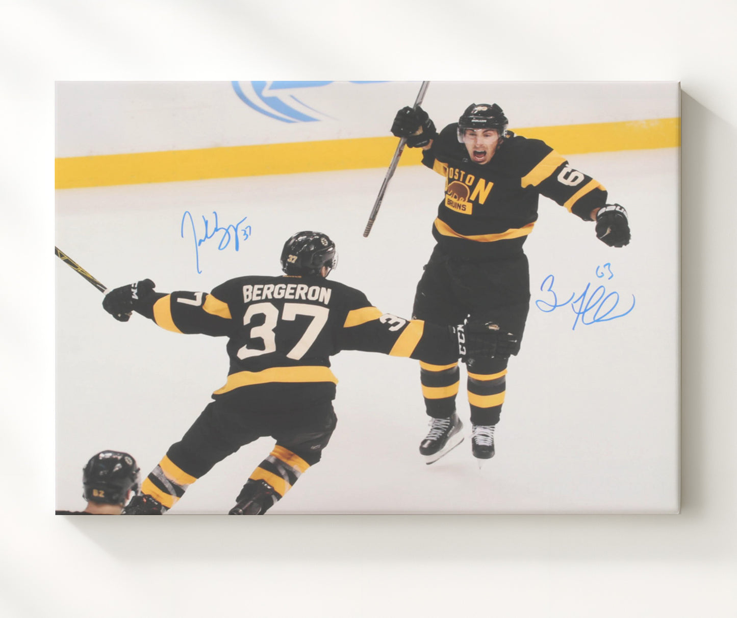 Patrice Bergeron and Brad Marchand - Boston Hockey Goal Celebration Hockey Wall Art - hockey wall art print