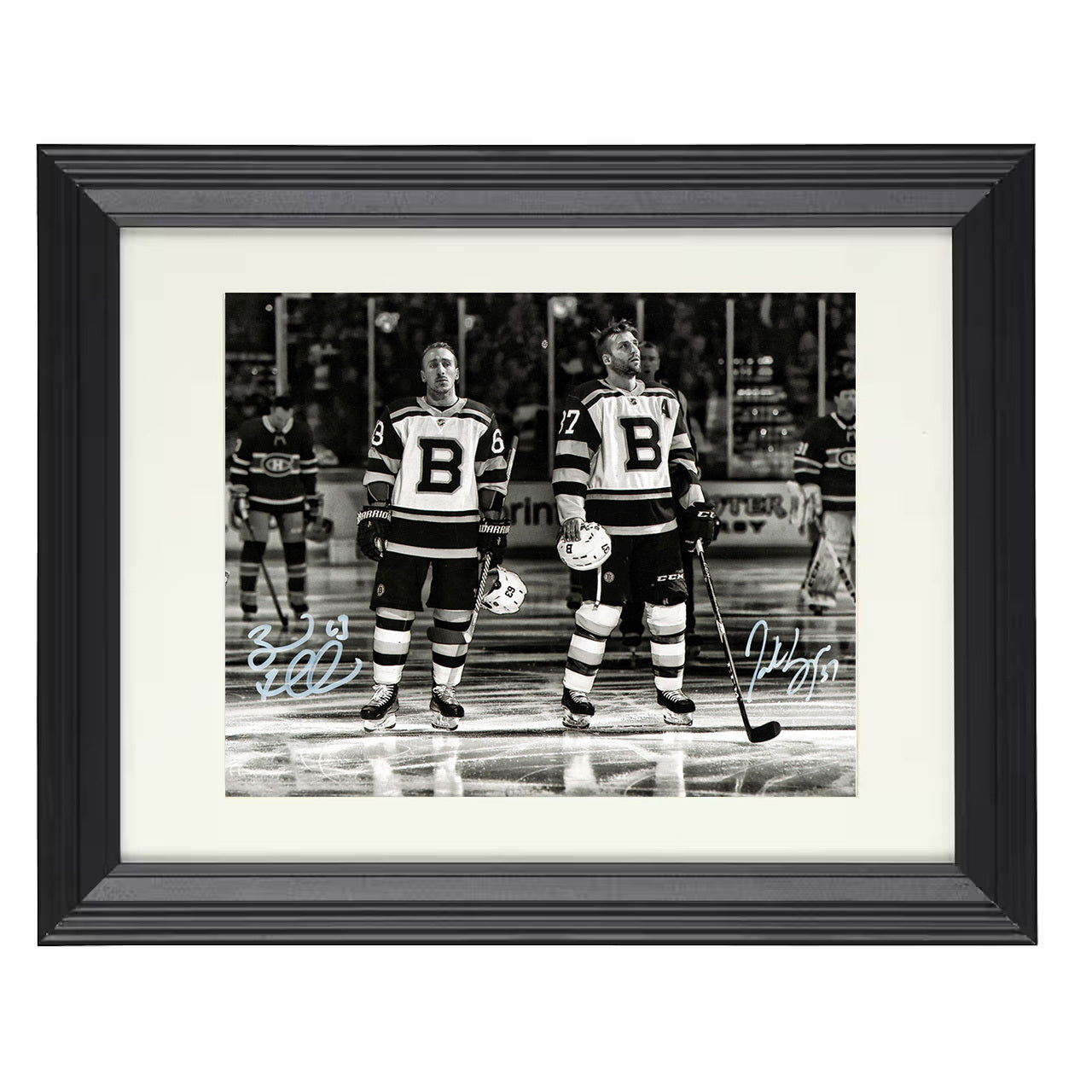 Patrice Bergeron and Brad Marchand – Boston Anthem Lineup 8x10 matted black framed hockey wall art