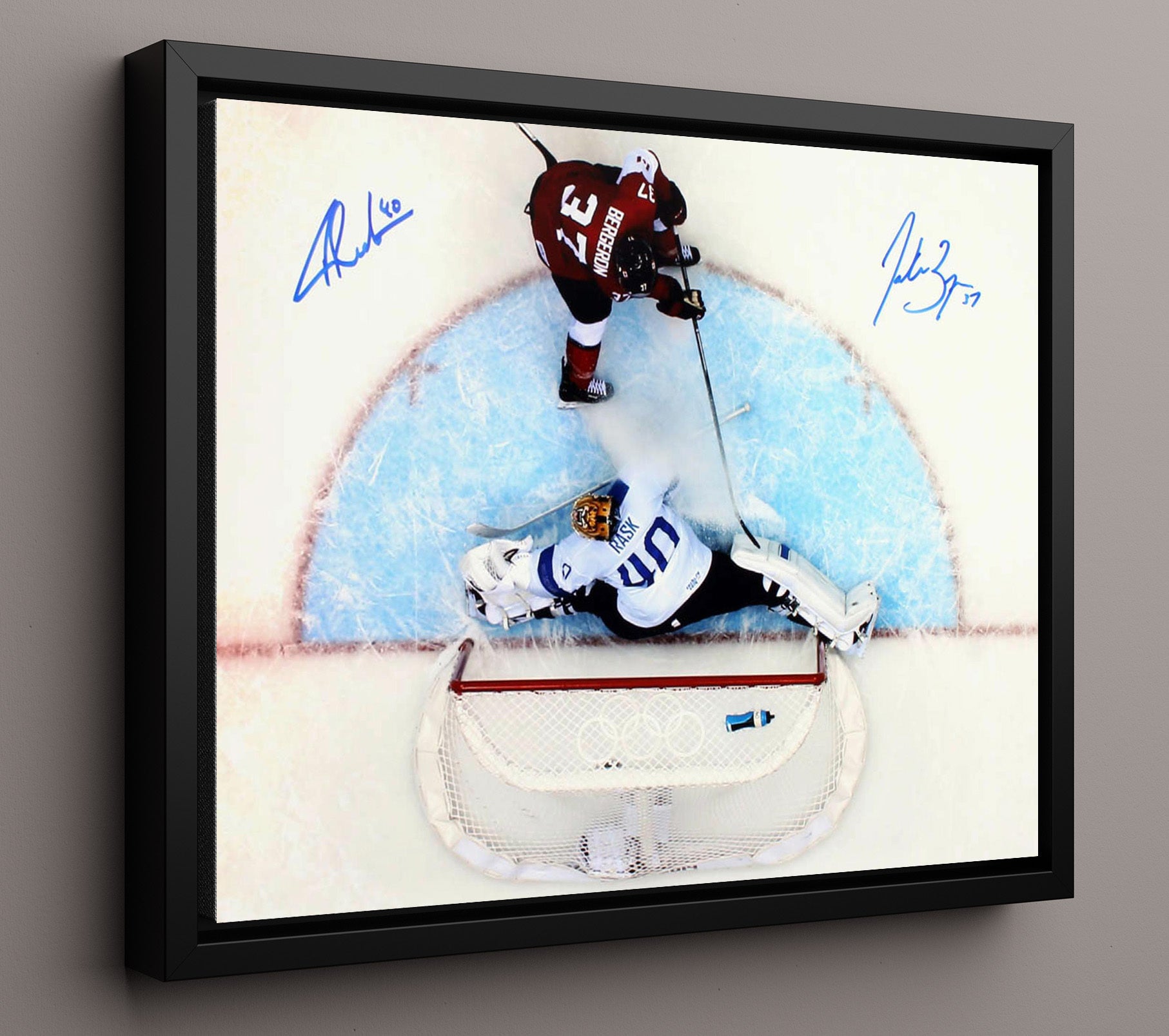 Patrice Bergeron and Tuukka Rask - Canada vs Finland Breakaway Save Hockey Wall Art - hockey wall art print