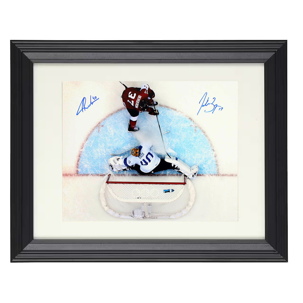 Patrice Bergeron and Tuukka Rask – Canada vs. Finland 8x10 matted black framed hockey wall art