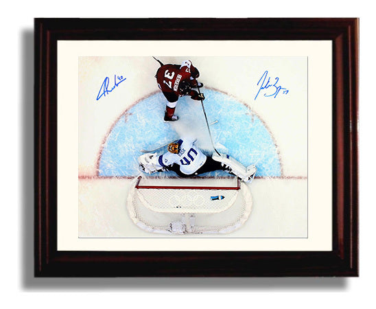 Patrice Bergeron and Tuukka Rask - Canada vs Finland Breakaway Save Hockey Wall Art - hockey wall art print