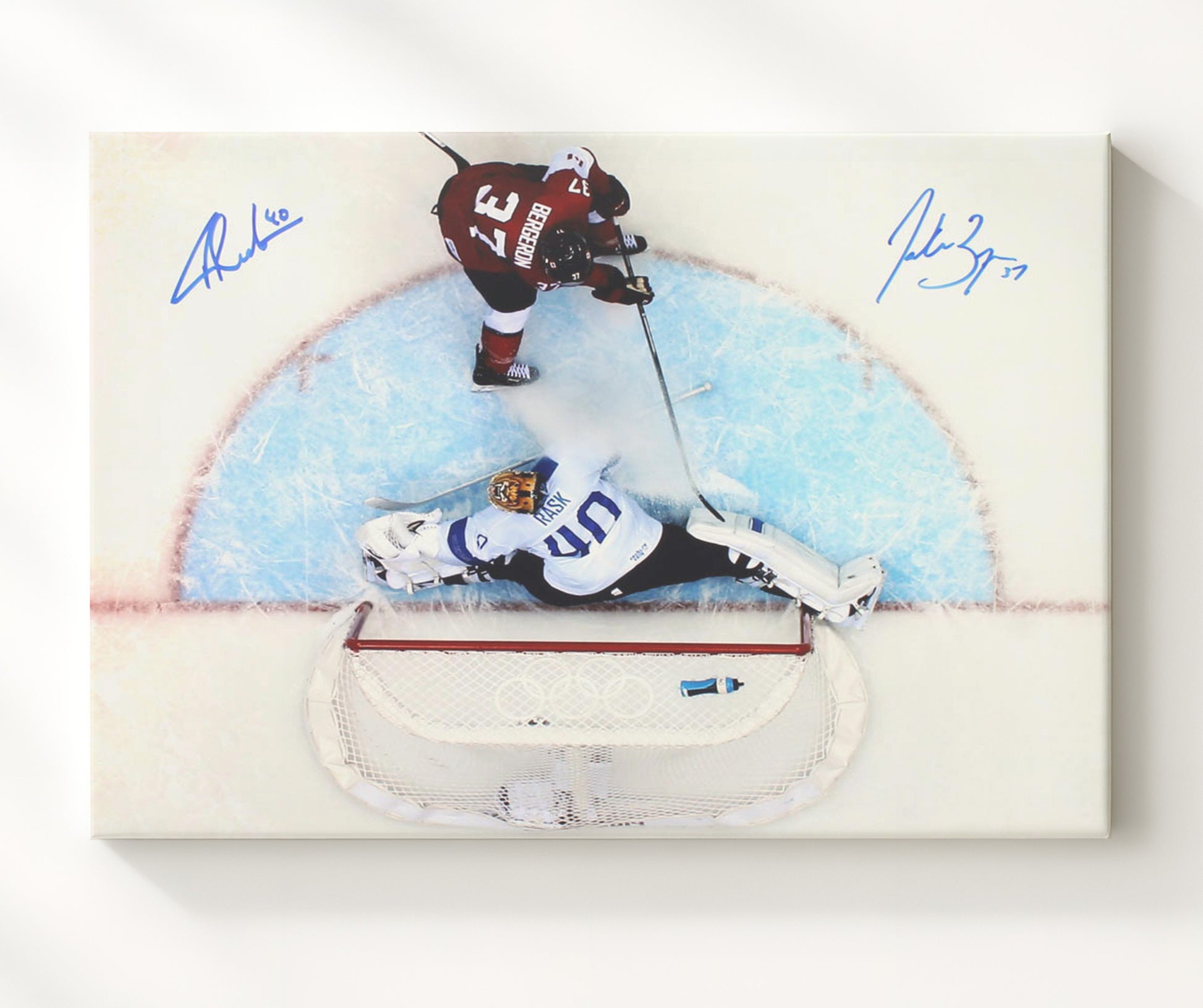 Patrice Bergeron and Tuukka Rask - Canada vs Finland Breakaway Save Hockey Wall Art - hockey wall art print