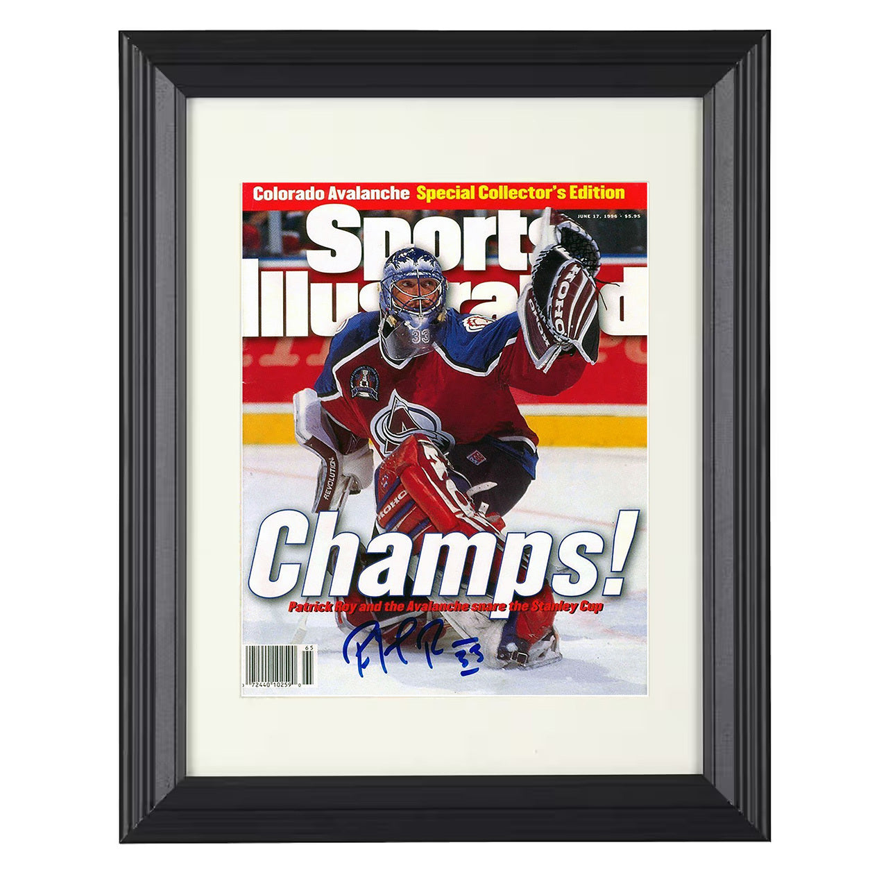 Patrick Roy – Colorado Stanley Cup Champions 1996 SI 8x10 matted black framed hockey wall art