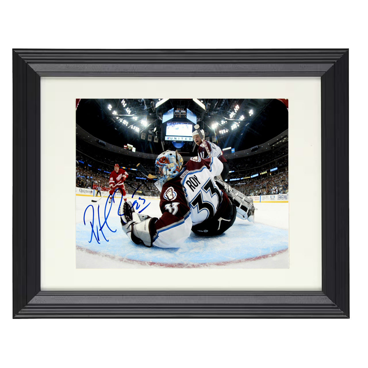 Patrick Roy – Colorado Goalie Save Attempt 8x10 matted black framed hockey wall art