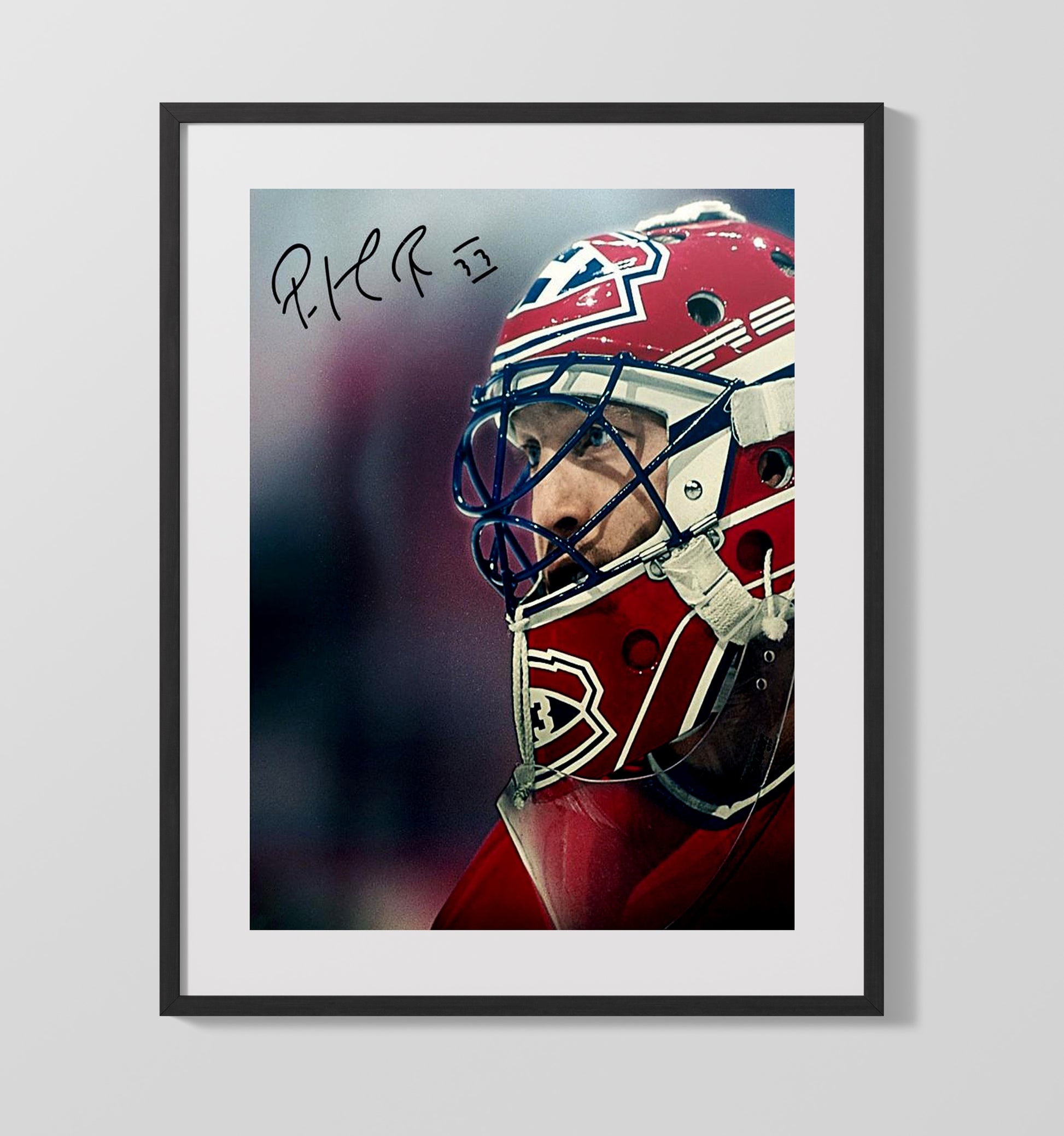 Patrick Roy - Montreal Hockey Goalie Mask Close-Up Spotlight Hockey Wall Art - hockey wall art print