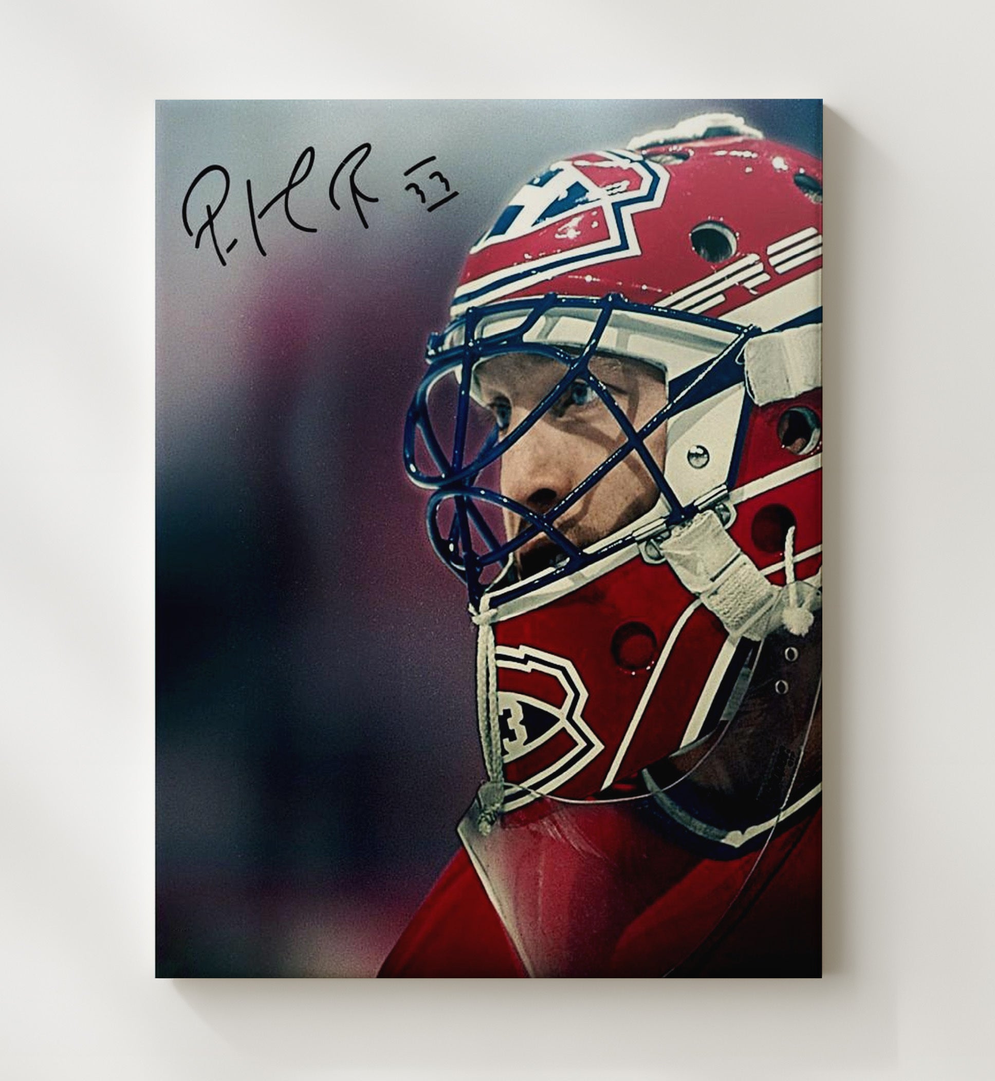 Patrick Roy - Montreal Hockey Goalie Mask Close-Up Spotlight Hockey Wall Art - hockey wall art print