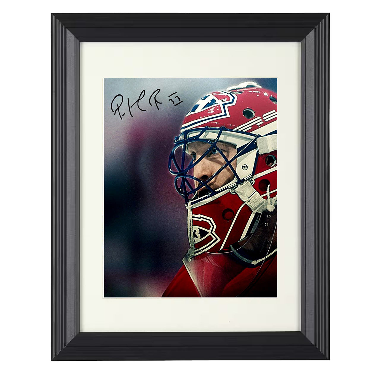 Patrick Roy – Montreal Goalie Mask Close-Up Spotlight 8x10 matted black framed hockey wall art