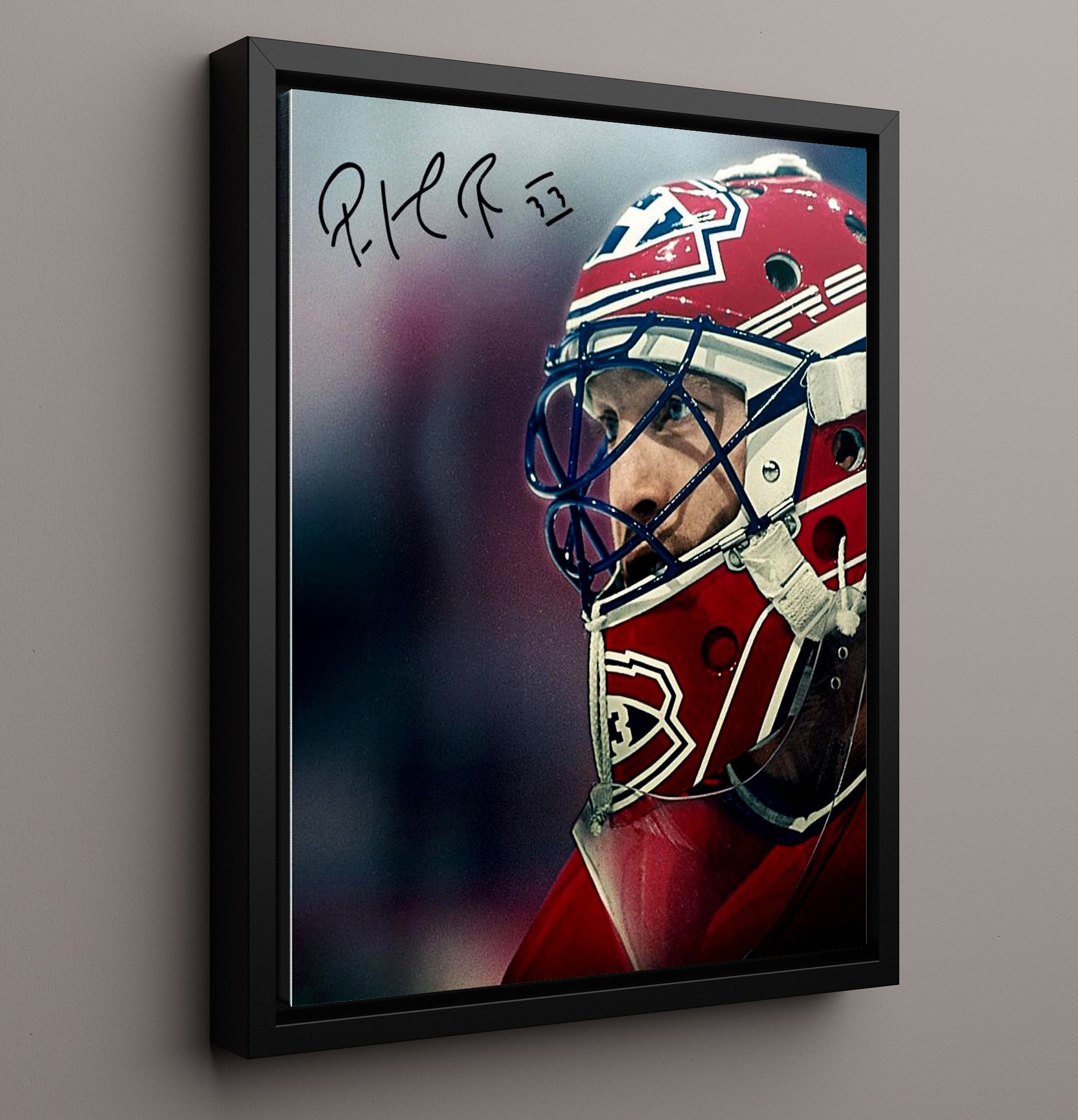 Patrick Roy - Montreal Hockey Goalie Mask Close-Up Spotlight Hockey Wall Art - hockey wall art print