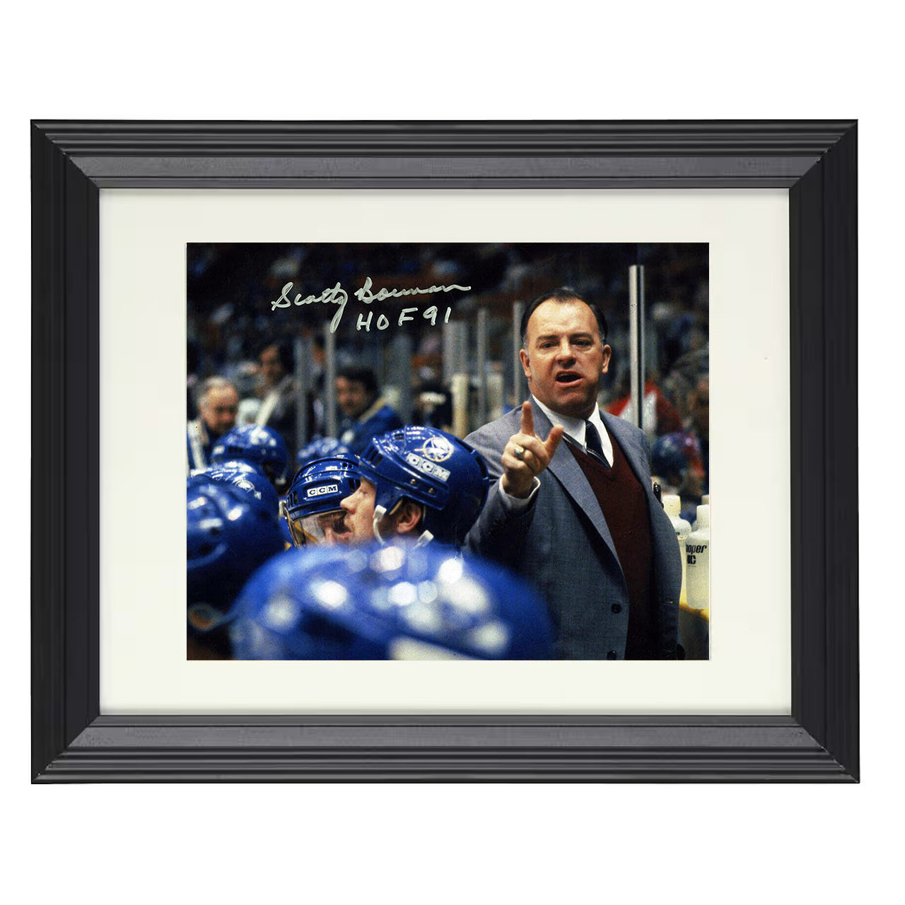 Scotty Bowman – Hall of Fame Coach Bench Image 8x10 matted black framed hockey wall art