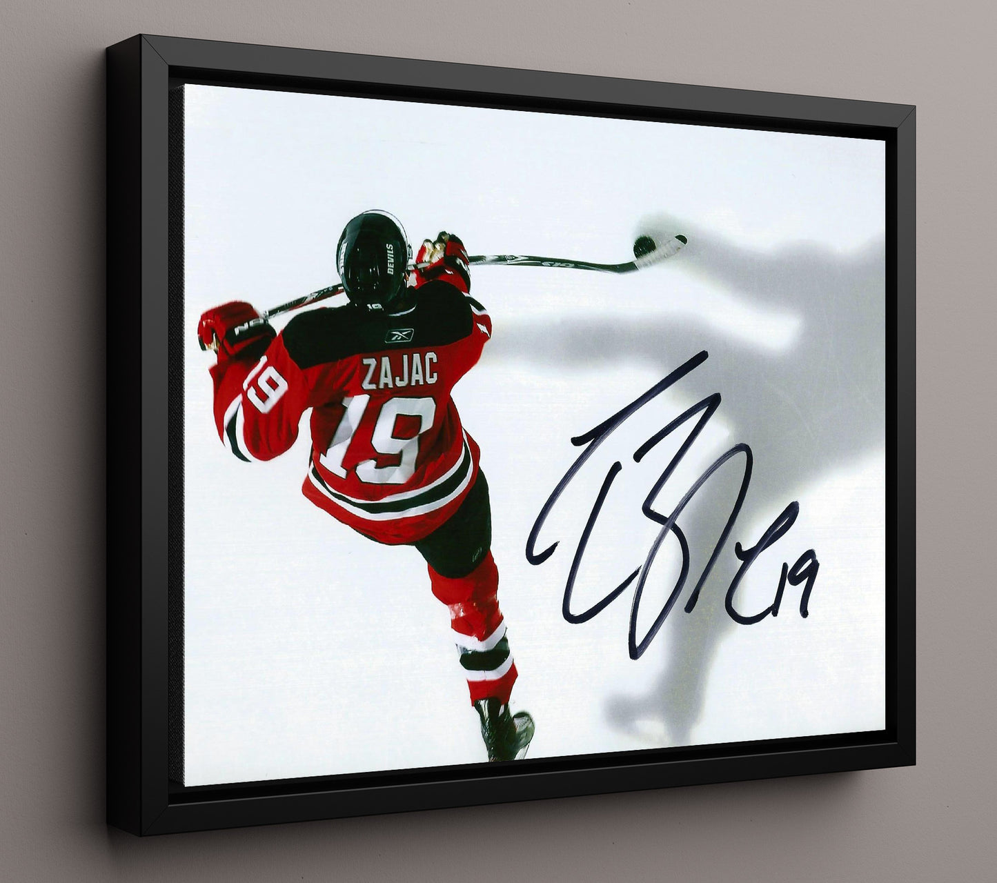 Travis Zajac - New Jersey Hockey Overhead Stick Swing Hockey Wall Art - hockey wall art print