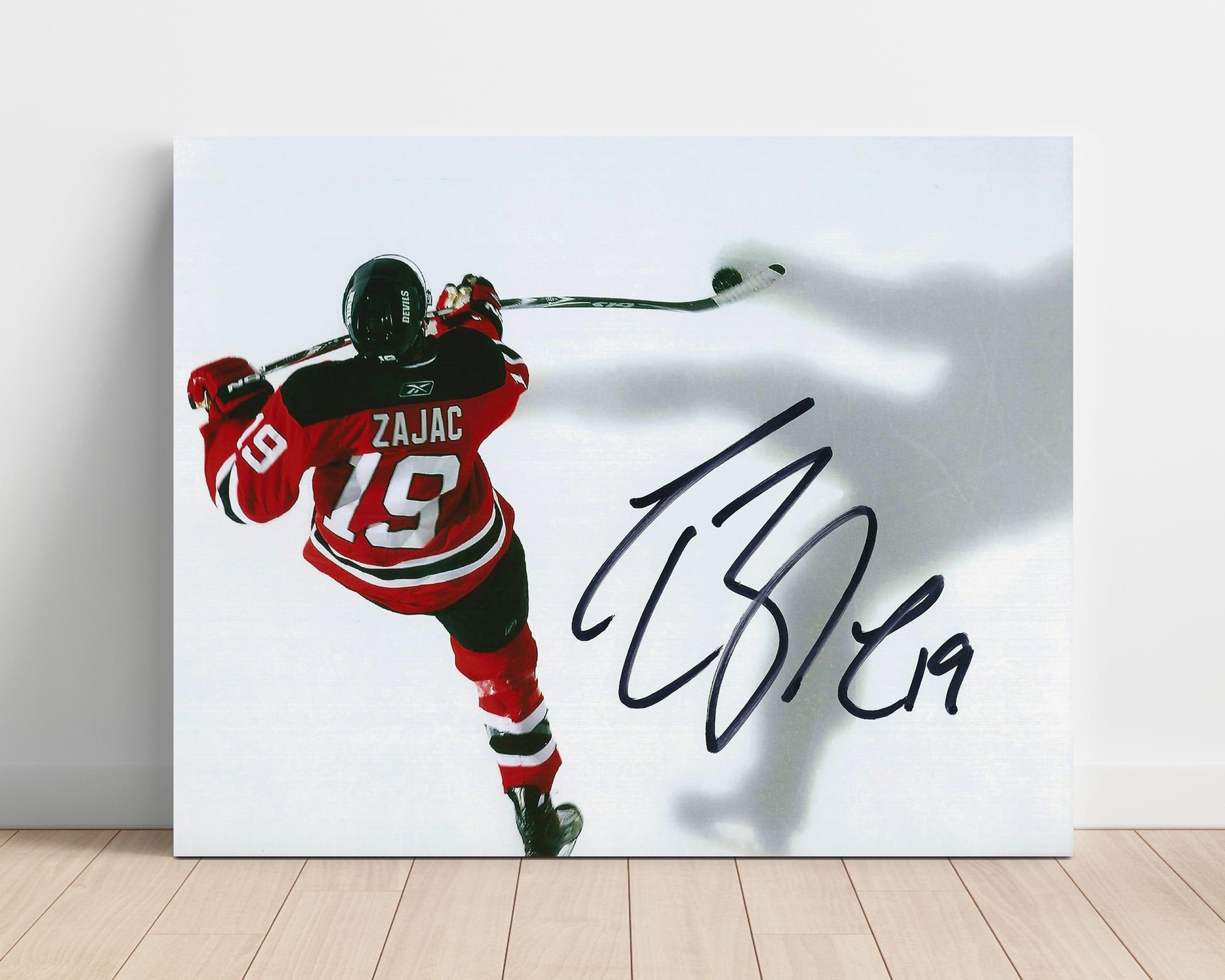 Travis Zajac - New Jersey Hockey Overhead Stick Swing Hockey Wall Art - hockey wall art print