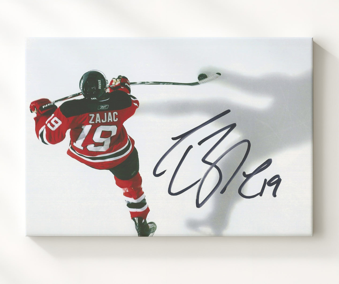 Travis Zajac - New Jersey Hockey Overhead Stick Swing Hockey Wall Art - hockey wall art print