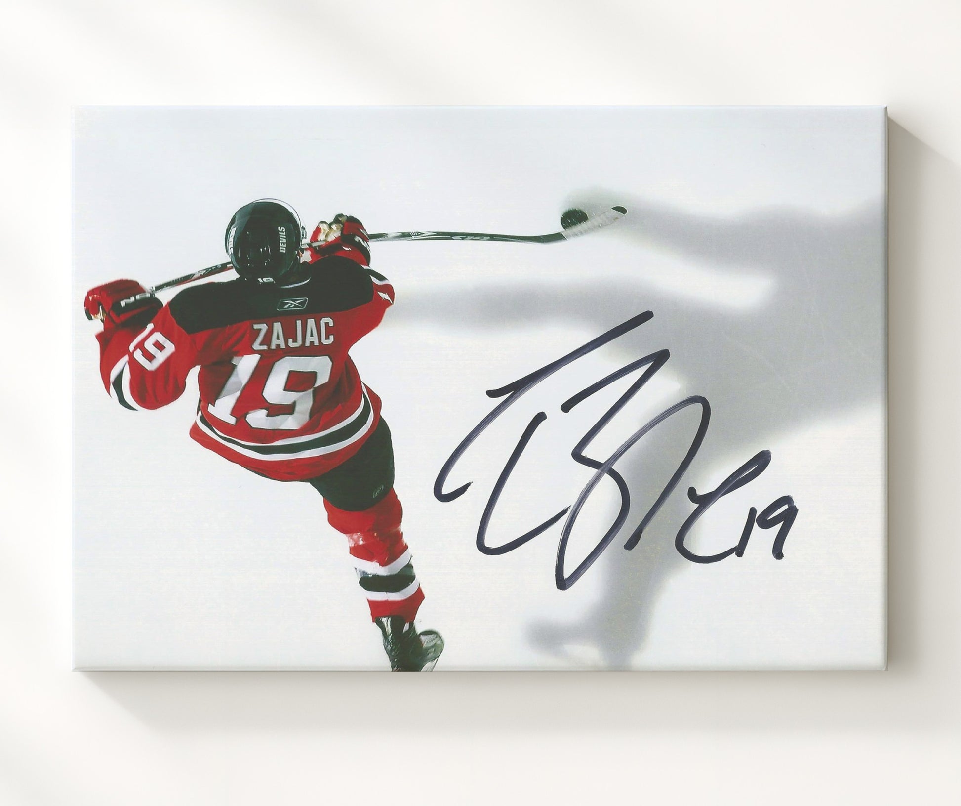 Travis Zajac - New Jersey Hockey Overhead Stick Swing Hockey Wall Art - hockey wall art print