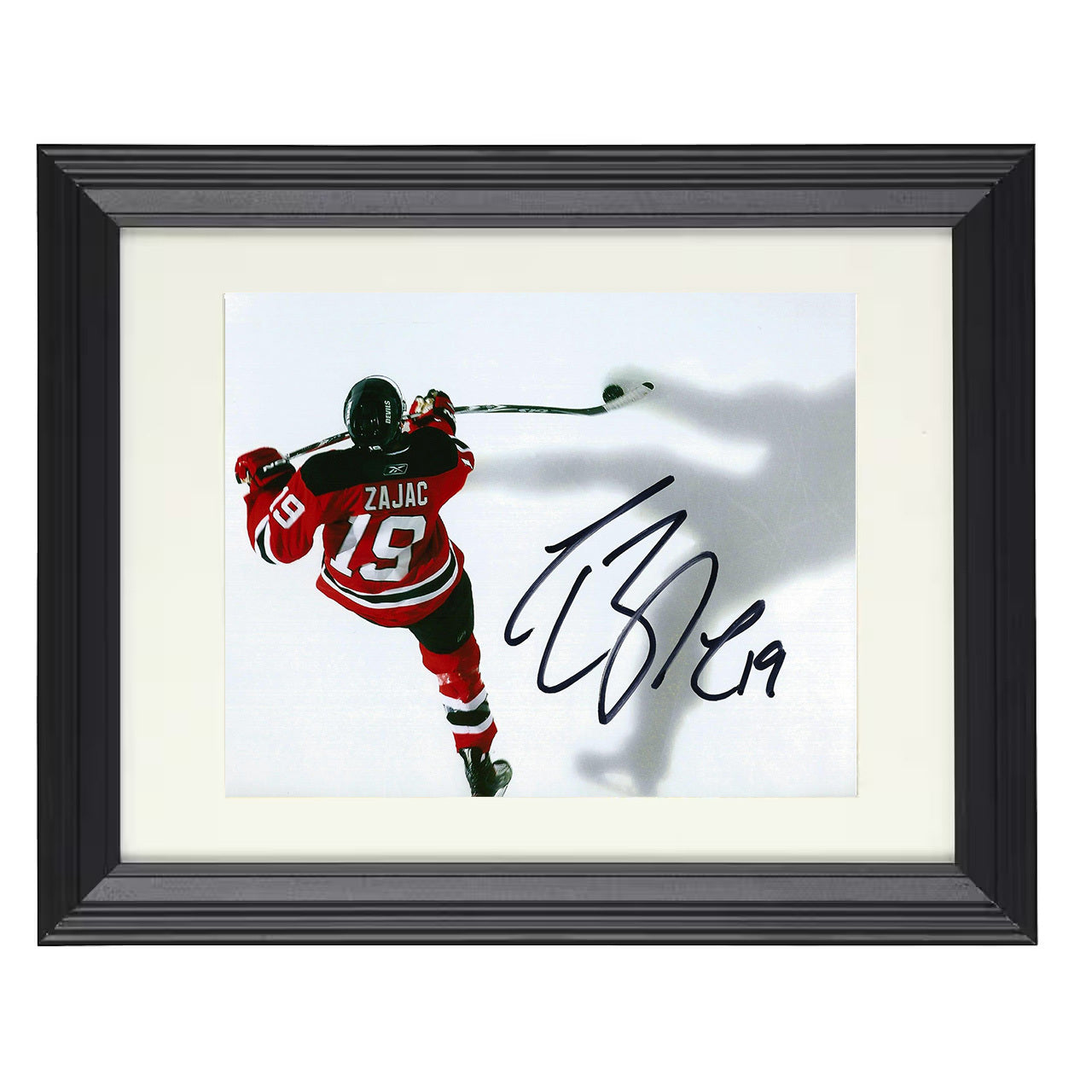 Travis Zajac – New Jersey Overhead Stick Swing 8x10 matted black framed hockey wall art