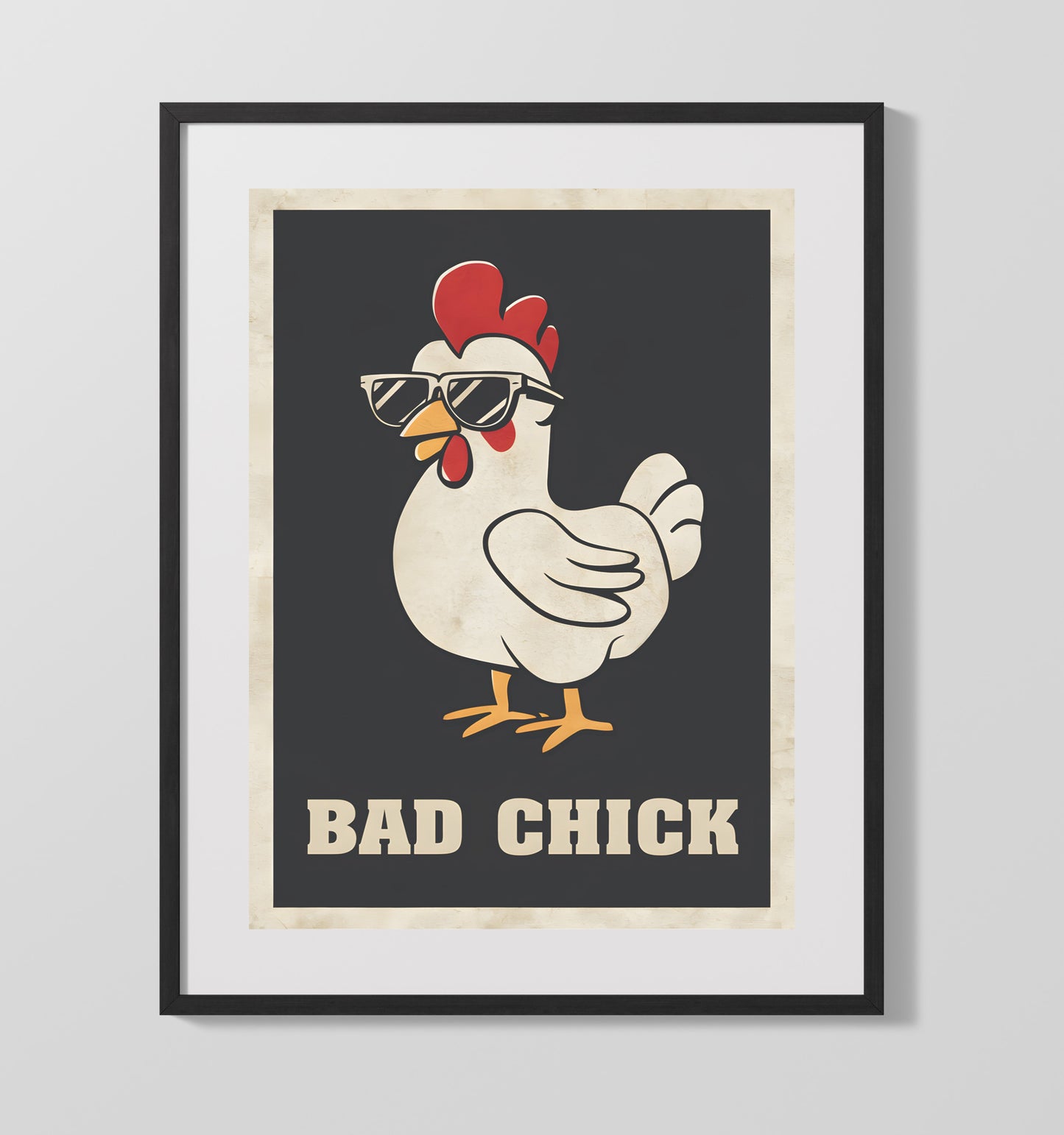 Bad Chick Cool Chicken Wearing Sunglasses Retro Graphic Poster Funny Quote Wall Art 16x20 Gallery Frame wall art print – humor decor