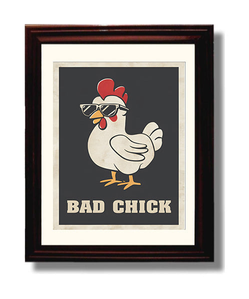 Bad Chick Cool Chicken Wearing Sunglasses Retro Graphic Poster Funny Quote Wall Art 8x10 Beveled Frame wall art print – humor decor