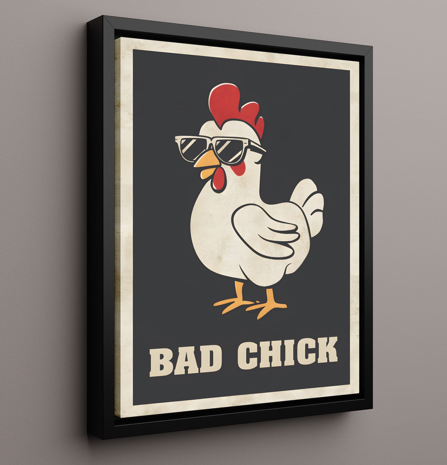 Bad Chick Cool Chicken Wearing Sunglasses Retro Graphic Poster Funny Quote Wall Art 16x20 Framed Canvas wall art print – humor decor
