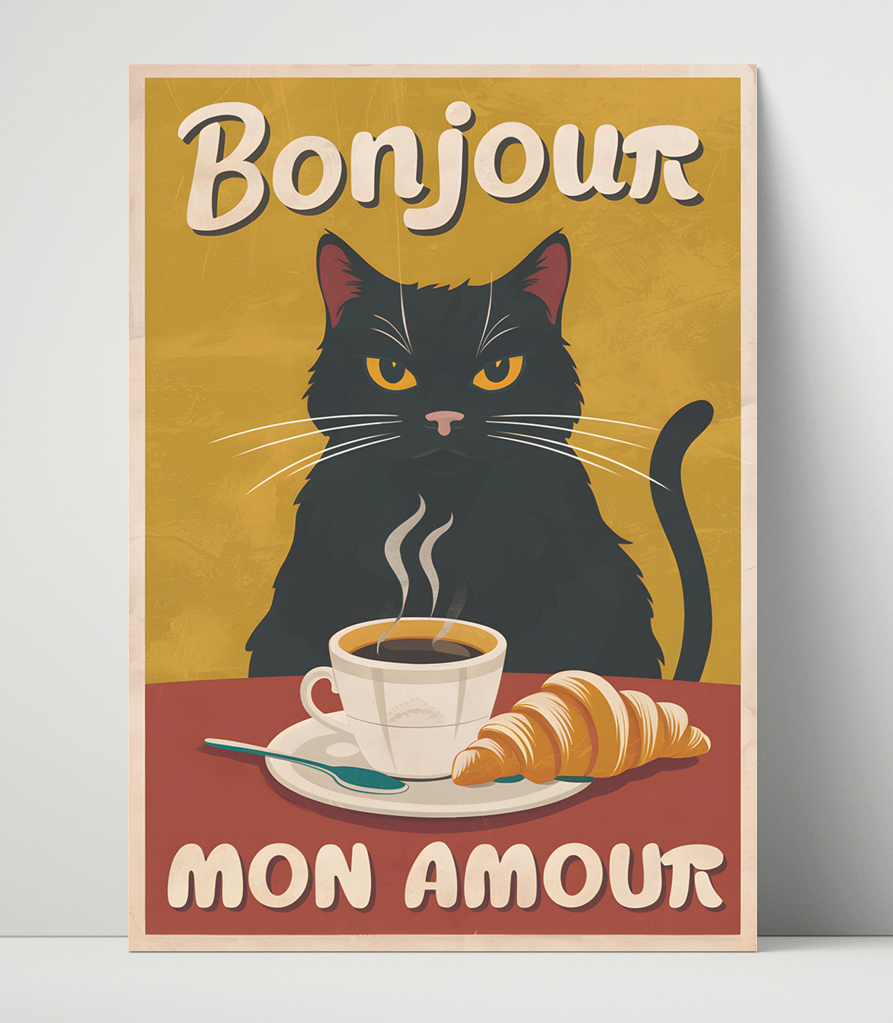 Bonjour Mon Amour Black Cat Coffee and Croissant French Cafe Humor Funny Quote Wall Art 16x20 Unframed Print wall art print – humor decor
