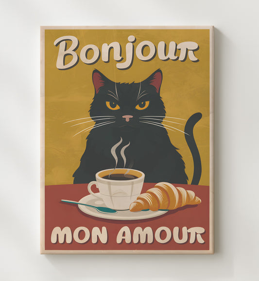 Bonjour Mon Amour - Black Cat Café 8x10 Canvas funny wall art
