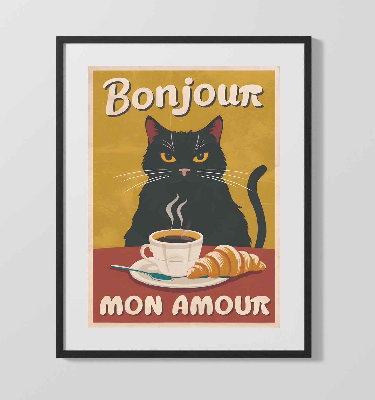 Bonjour Mon Amour Black Cat Coffee and Croissant French Cafe Humor Funny Quote Wall Art 16x20 Gallery Frame wall art print – humor decor