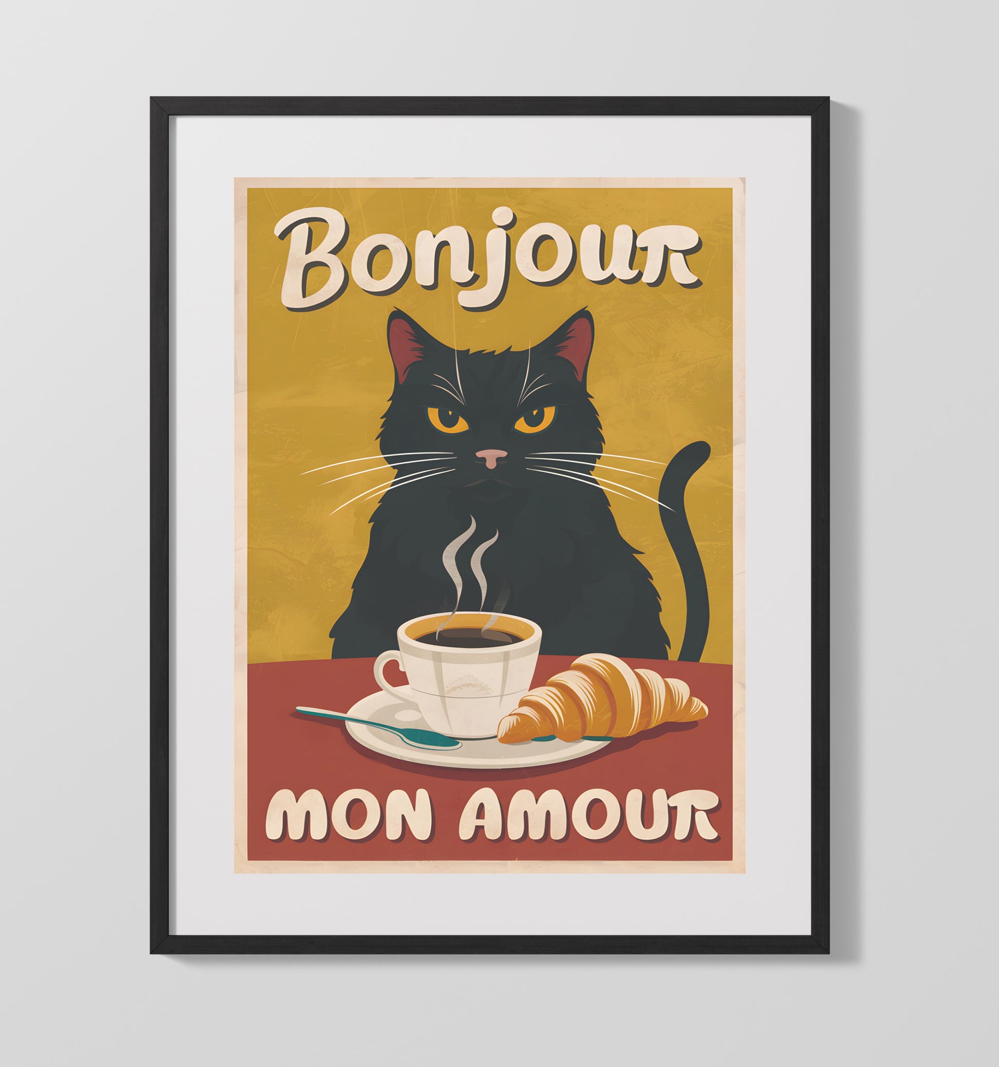 Bonjour Mon Amour Black Cat Coffee and Croissant French Cafe Humor Funny Quote Wall Art 16x20 Gallery Frame wall art print – humor decor