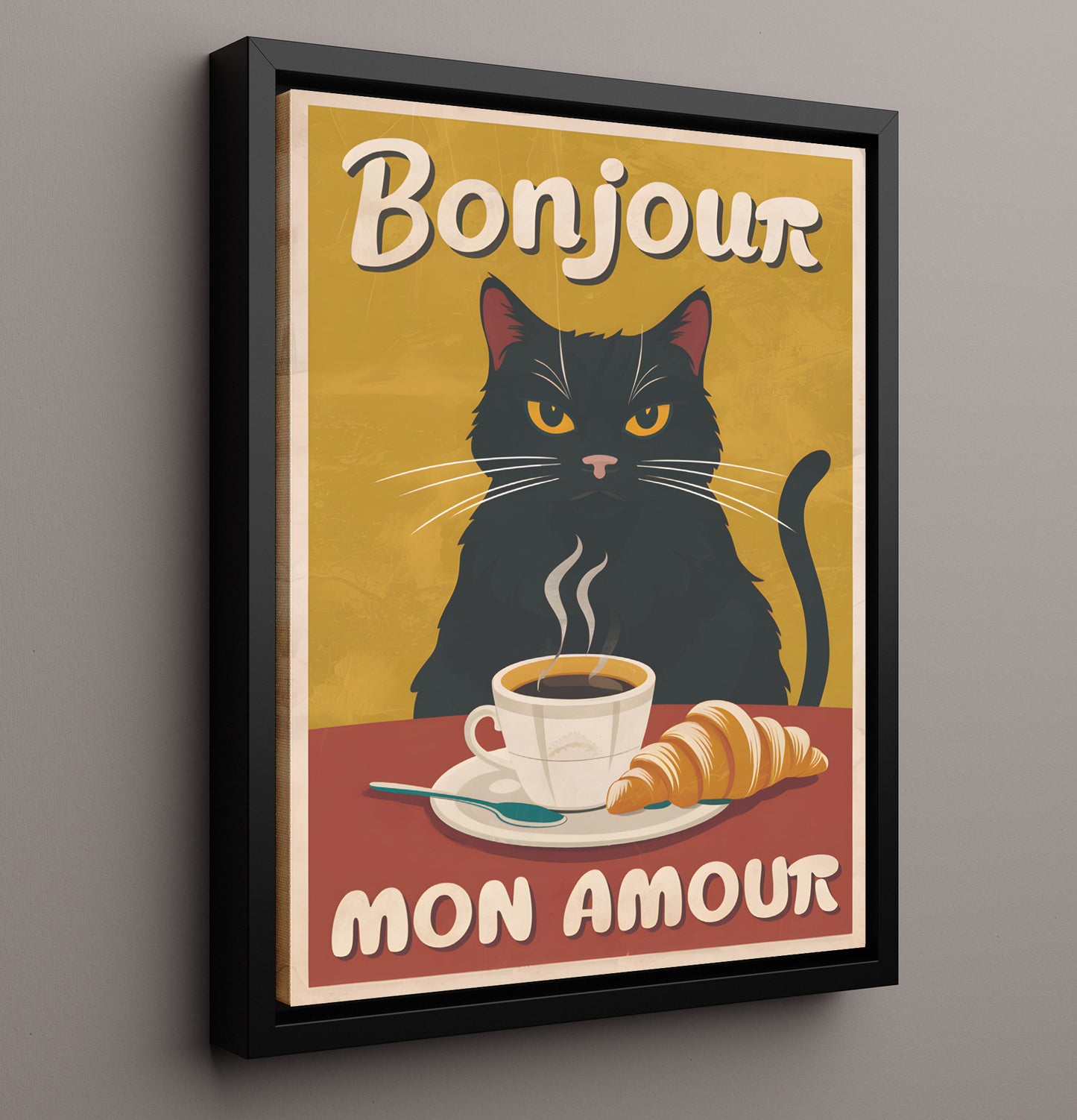 Bonjour Mon Amour Black Cat Coffee and Croissant French Cafe Humor Funny Quote Wall Art 16x20 Framed Canvas wall art print – humor decor