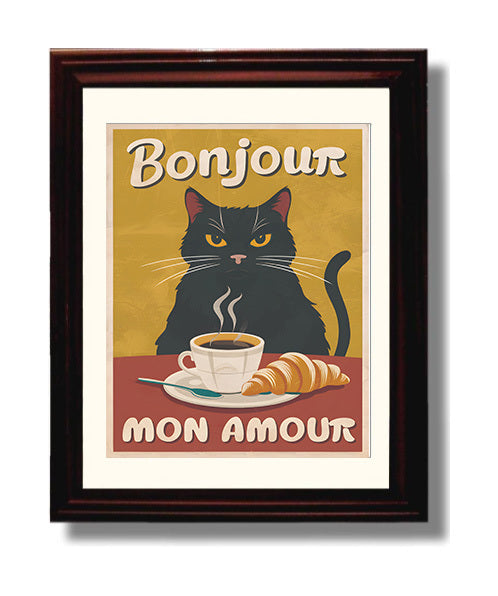 Bonjour Mon Amour Black Cat Coffee and Croissant French Cafe Humor Funny Quote Wall Art 8x10 Beveled Frame wall art print – humor decor