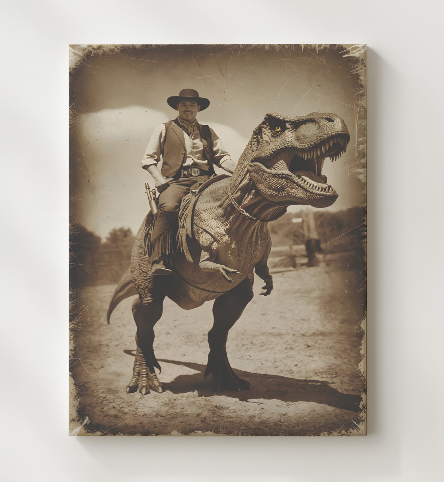 Cowboy Dinosaur Ride Western Cowboy Riding Dinosaur Absurd Humor Funny Quote Wall Art 20x24 Canvas wall art print – humor decor