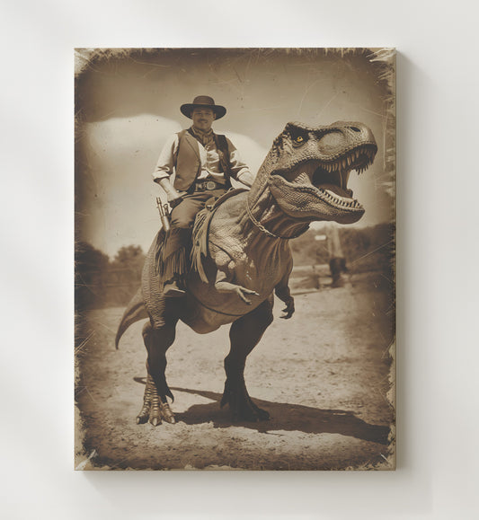 Cowboy Riding a Dinosaur 8x10 Canvas funny wall art