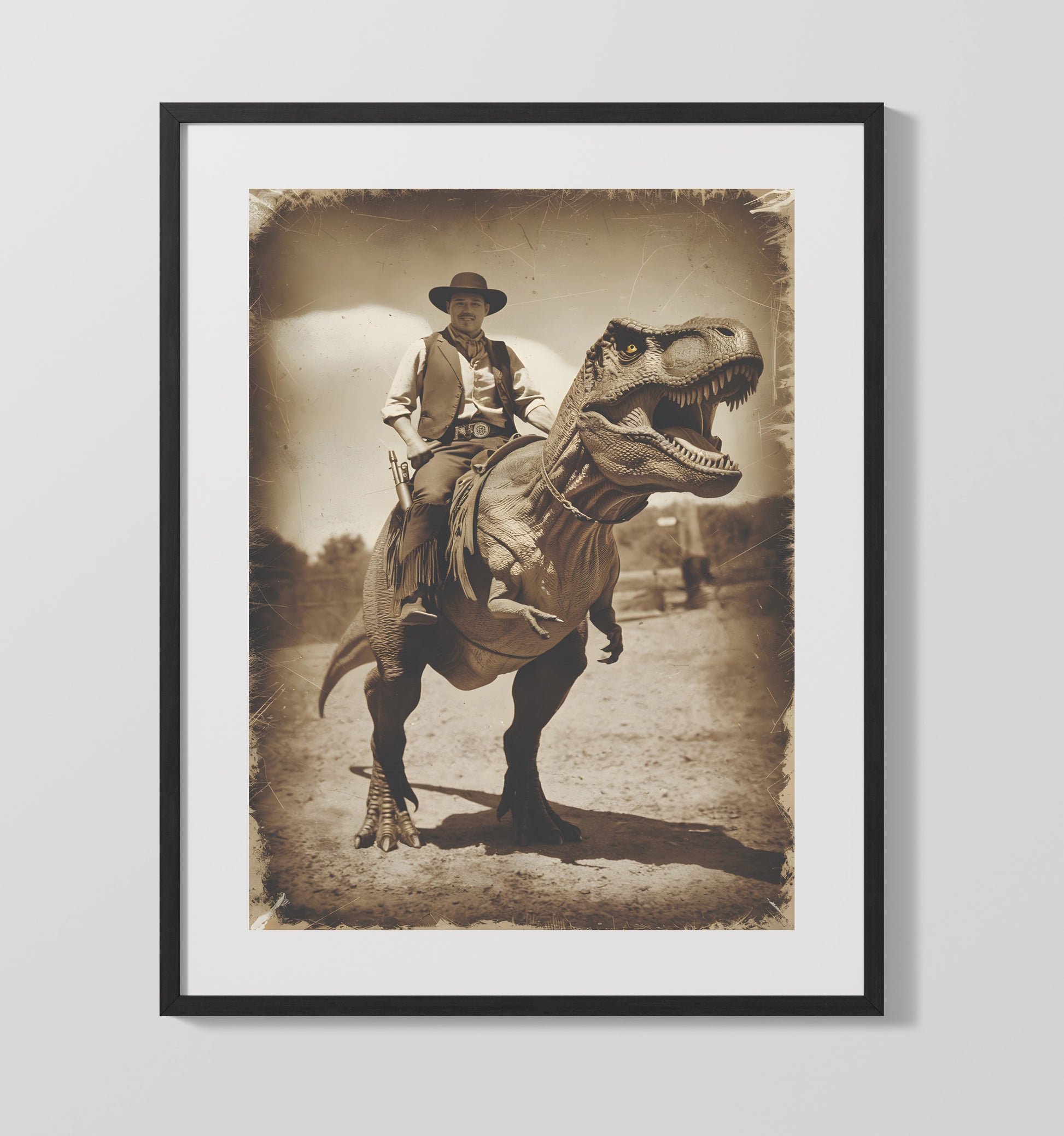 Cowboy Dinosaur Ride Western Cowboy Riding Dinosaur Absurd Humor Funny Quote Wall Art 16x20 Gallery Frame wall art print – humor decor