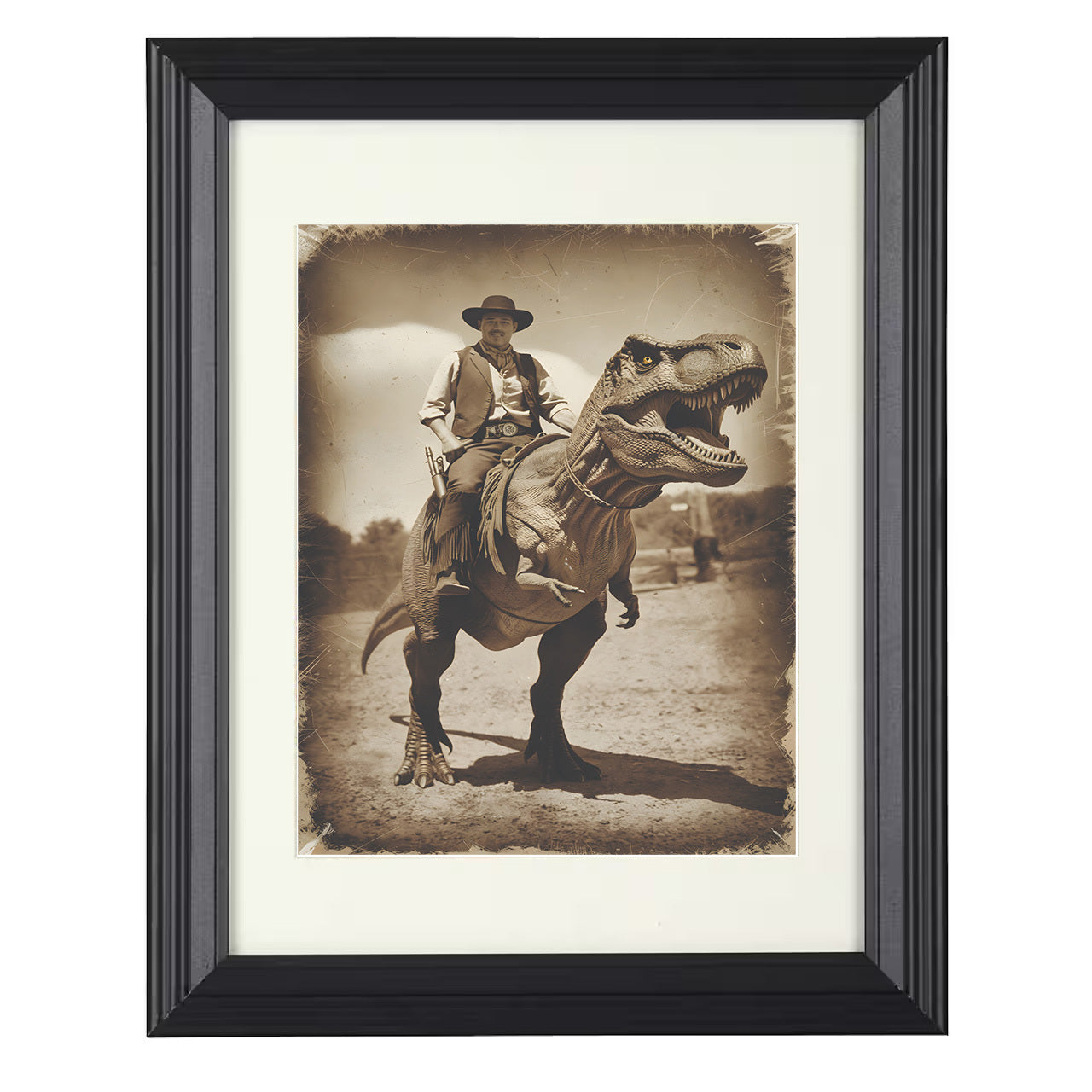 Cowboy Riding a Dinosaur – Absurd Western Humor – 8x10 black beveled framed humor wall art
