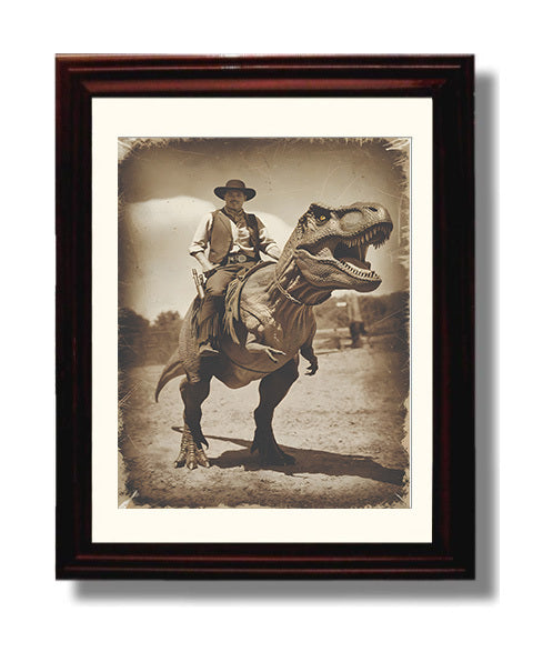 Cowboy Dinosaur Ride Western Cowboy Riding Dinosaur Absurd Humor Funny Quote Wall Art 8x10 Beveled Frame wall art print – humor decor