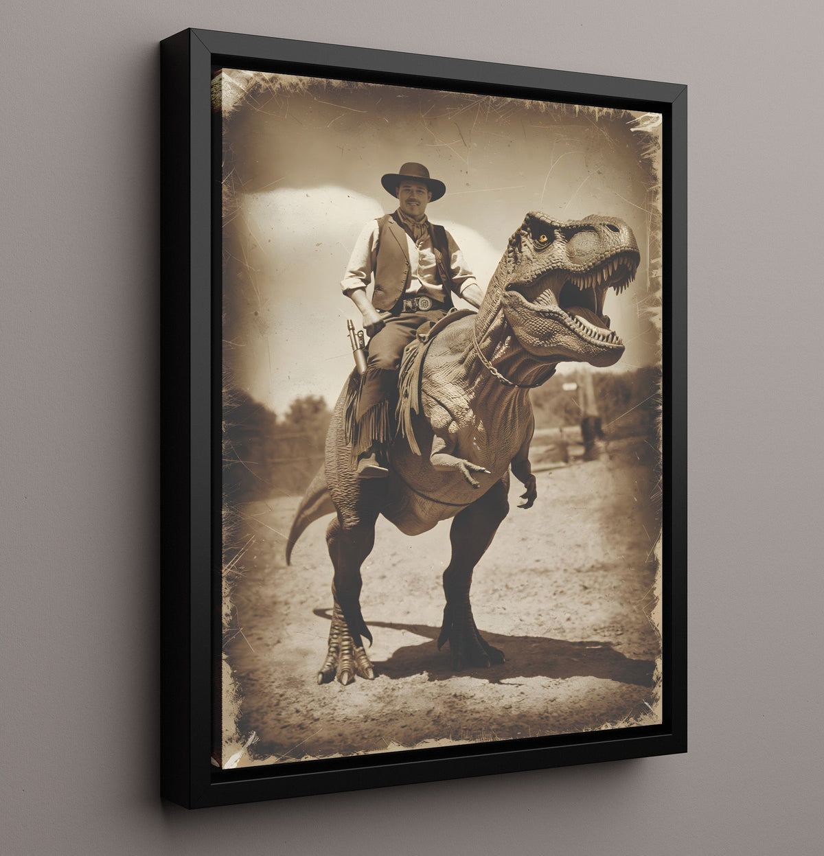 Cowboy Riding a Dinosaur 8x10 Framed Canvas funny wall art