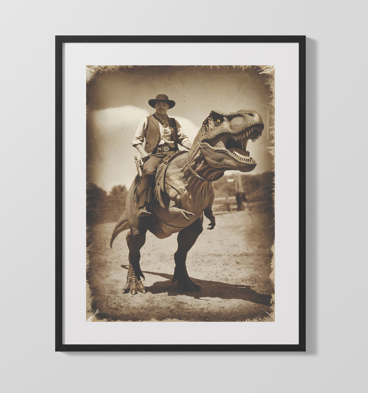 Cowboy Riding a Dinosaur 16x20 Gallery Frame funny wall art
