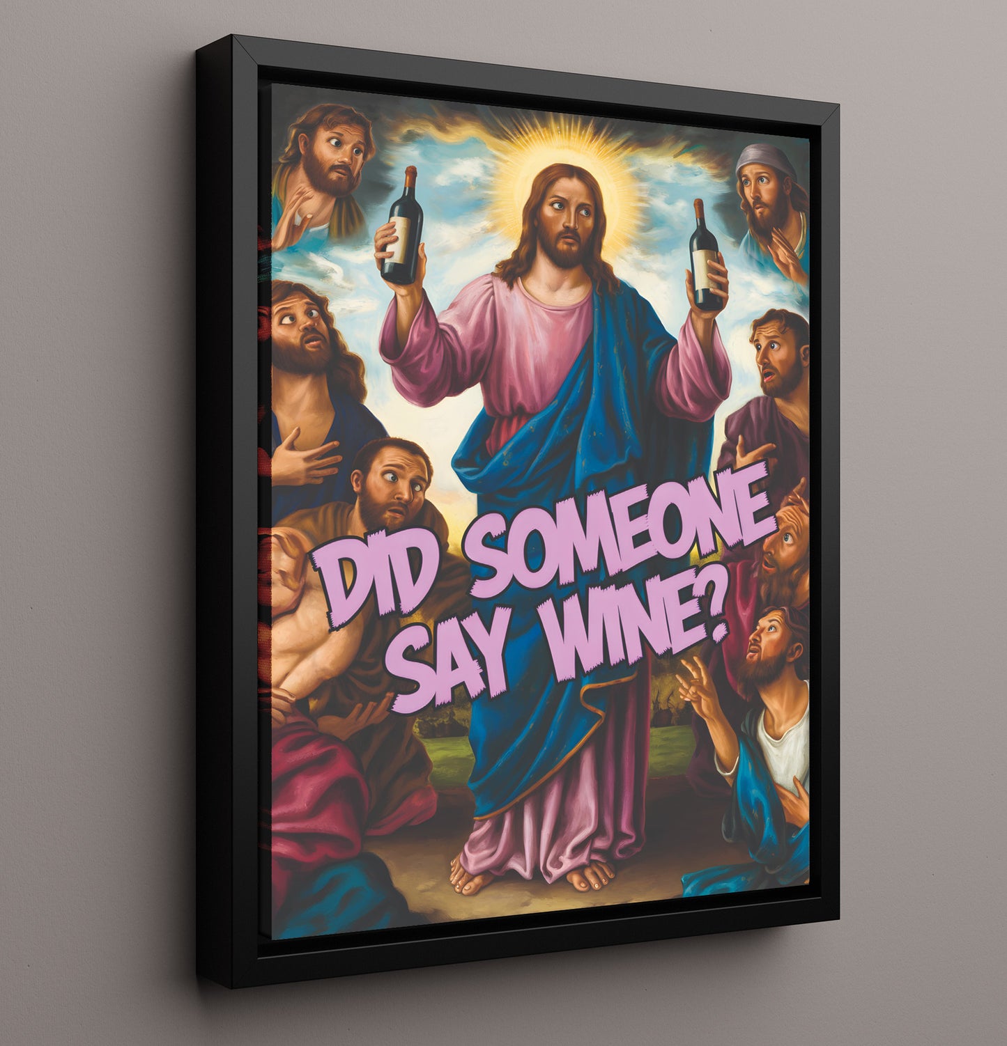 Did Someone Say Wine Jesus Holding Wine Bottles Humorous Religious Satire Funny Quote Wall Art 16x20 Framed Canvas wall art print – humor decor