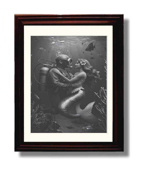 Diver and Mermaid Underwater Diver Embracing Mermaid Fantasy Scene Funny Quote Wall Art 8x10 Beveled Frame wall art print – humor decor