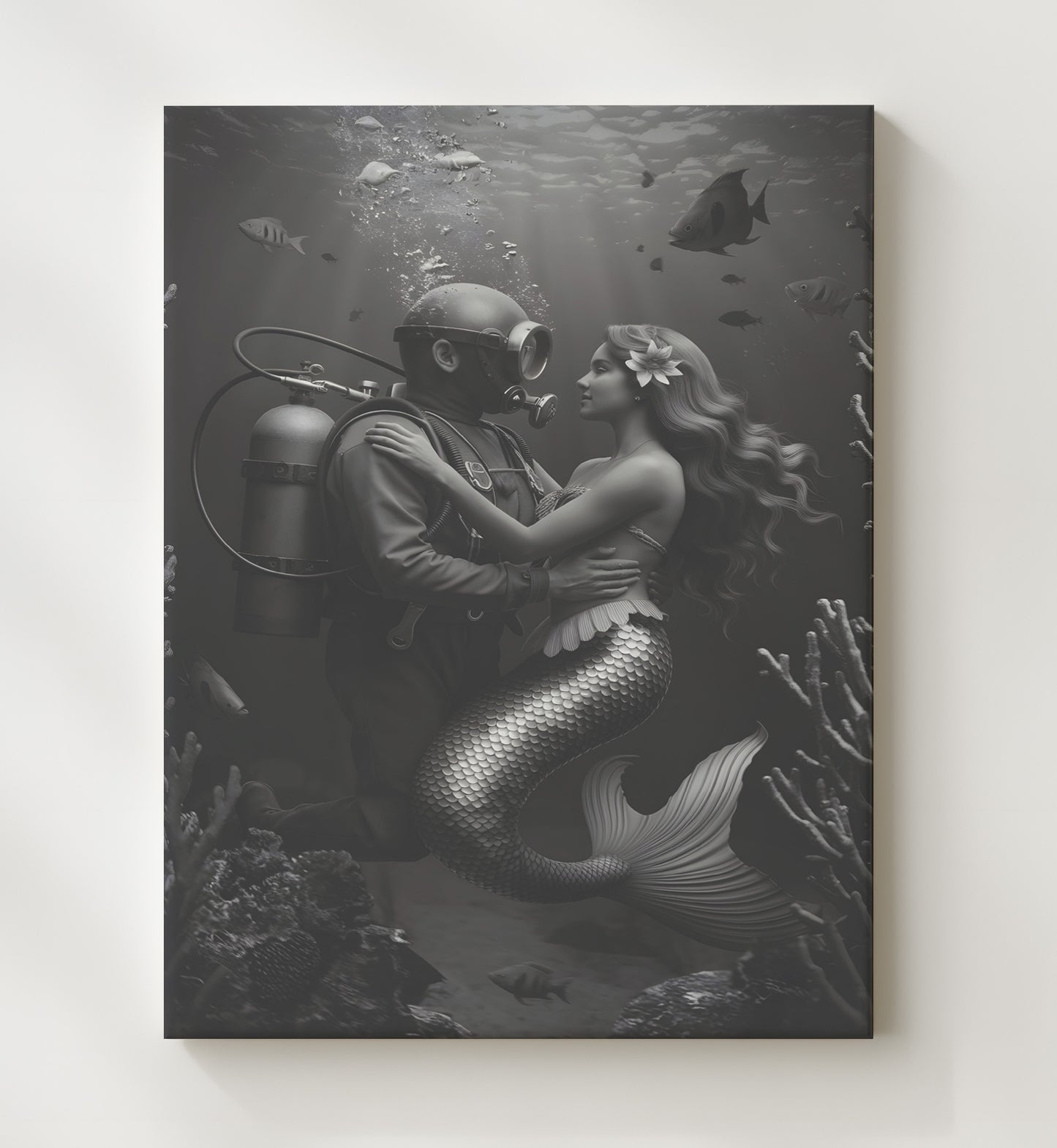 Diver and Mermaid Underwater Diver Embracing Mermaid Fantasy Scene Funny Quote Wall Art 20x24 Canvas wall art print – humor decor