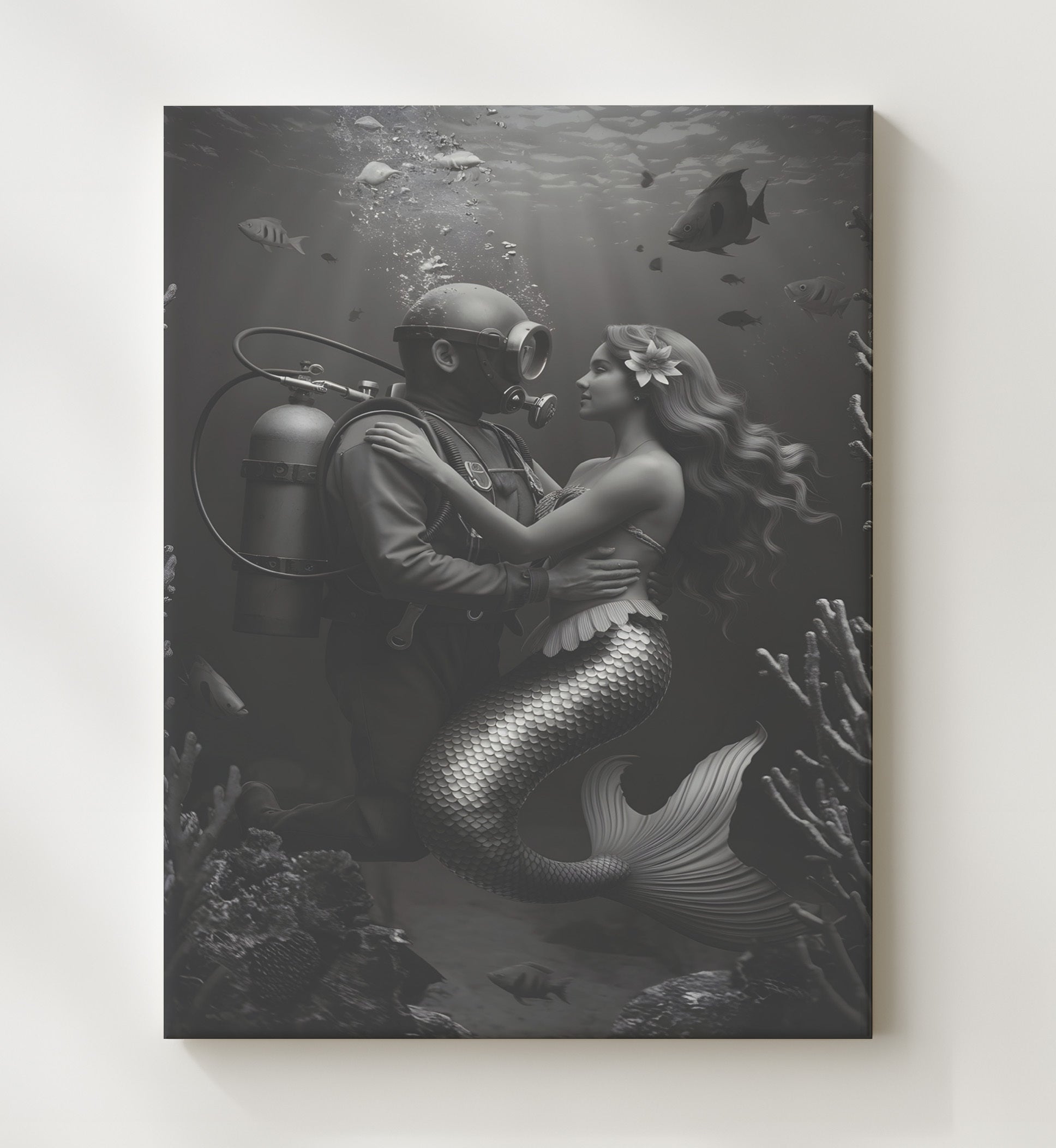 Diver and Mermaid Underwater Diver Embracing Mermaid Fantasy Scene Funny Quote Wall Art 20x24 Canvas wall art print – humor decor