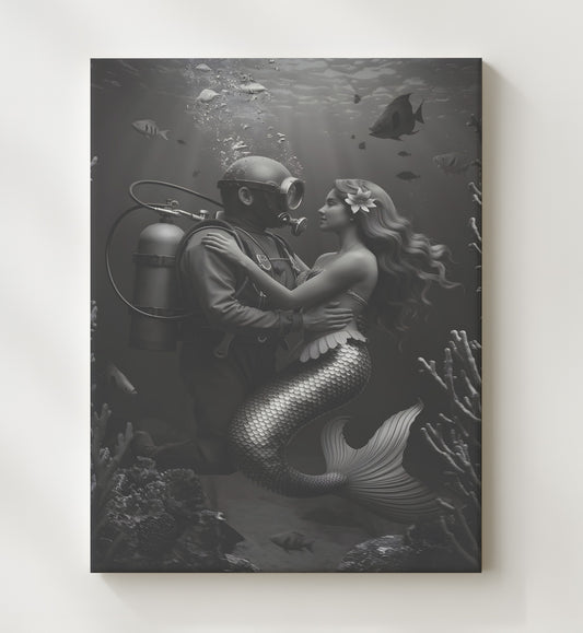 Diver and Mermaid - Underwater Fantasy 8x10 Canvas funny wall art