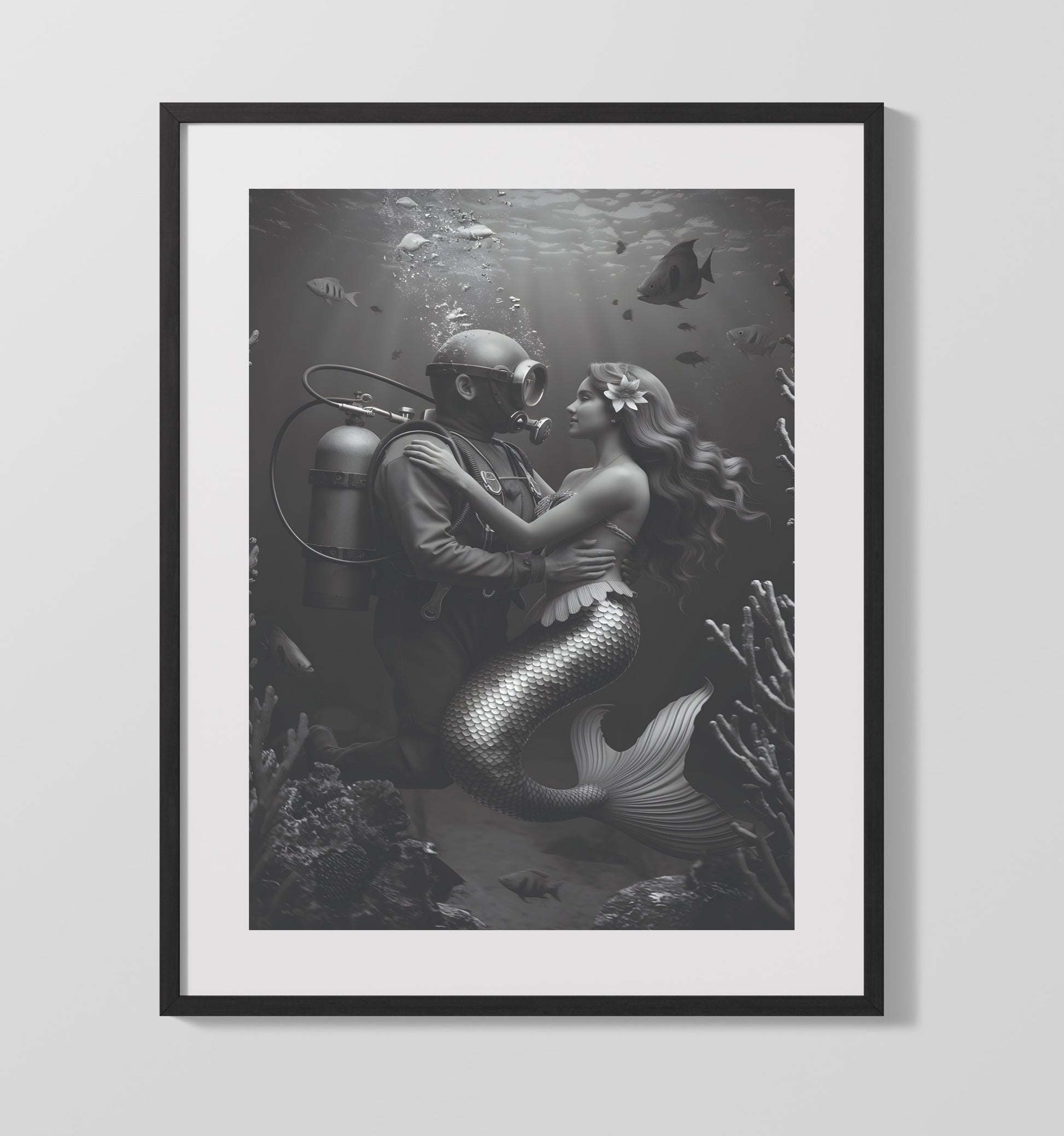 Diver and Mermaid Underwater Diver Embracing Mermaid Fantasy Scene Funny Quote Wall Art 16x20 Gallery Frame wall art print – humor decor