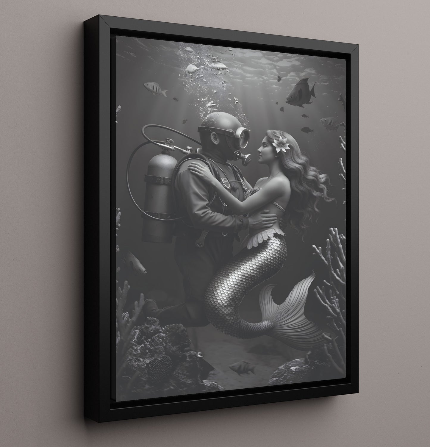 Diver and Mermaid Underwater Diver Embracing Mermaid Fantasy Scene Funny Quote Wall Art 16x20 Framed Canvas wall art print – humor decor
