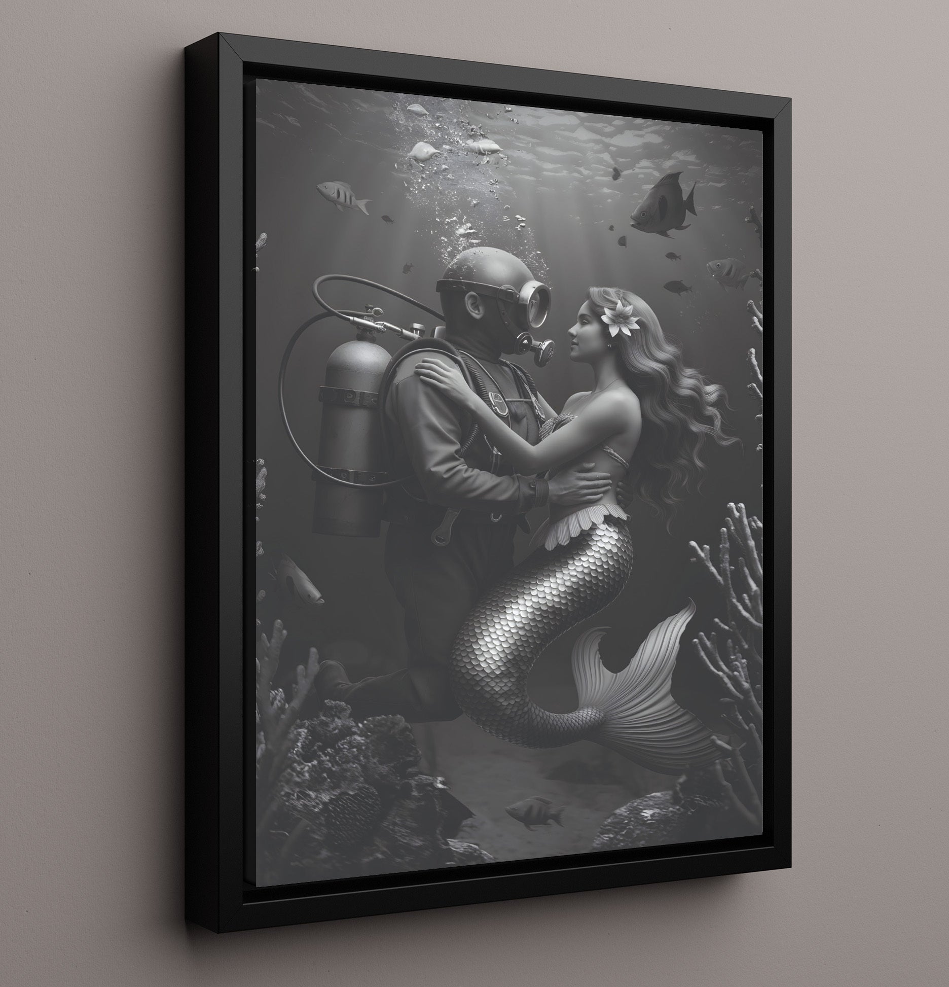 Diver and Mermaid Underwater Diver Embracing Mermaid Fantasy Scene Funny Quote Wall Art 16x20 Framed Canvas wall art print – humor decor