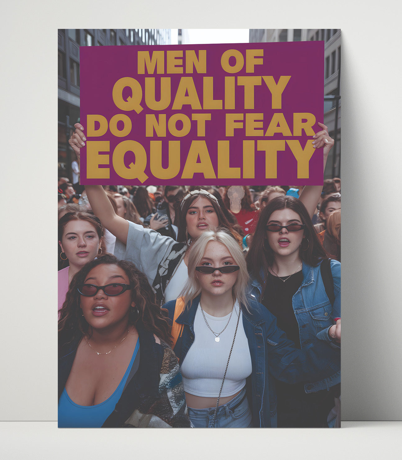Equality Protest March Woman Holding Men of Quality Equality Sign Funny Quote Wall Art 16x20 Unframed Print wall art print – humor decor